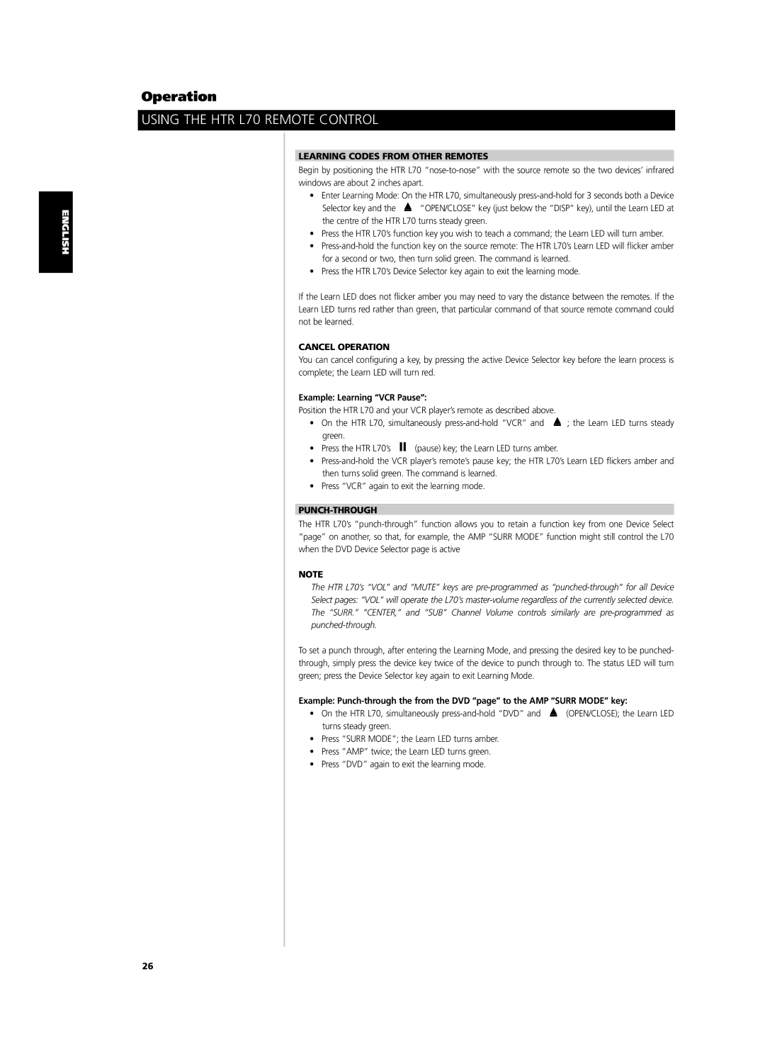 NAD L 70 owner manual Learning Codes from Other Remotes, Cancel Operation, Example Learning VCR Pause, Punch-Through 