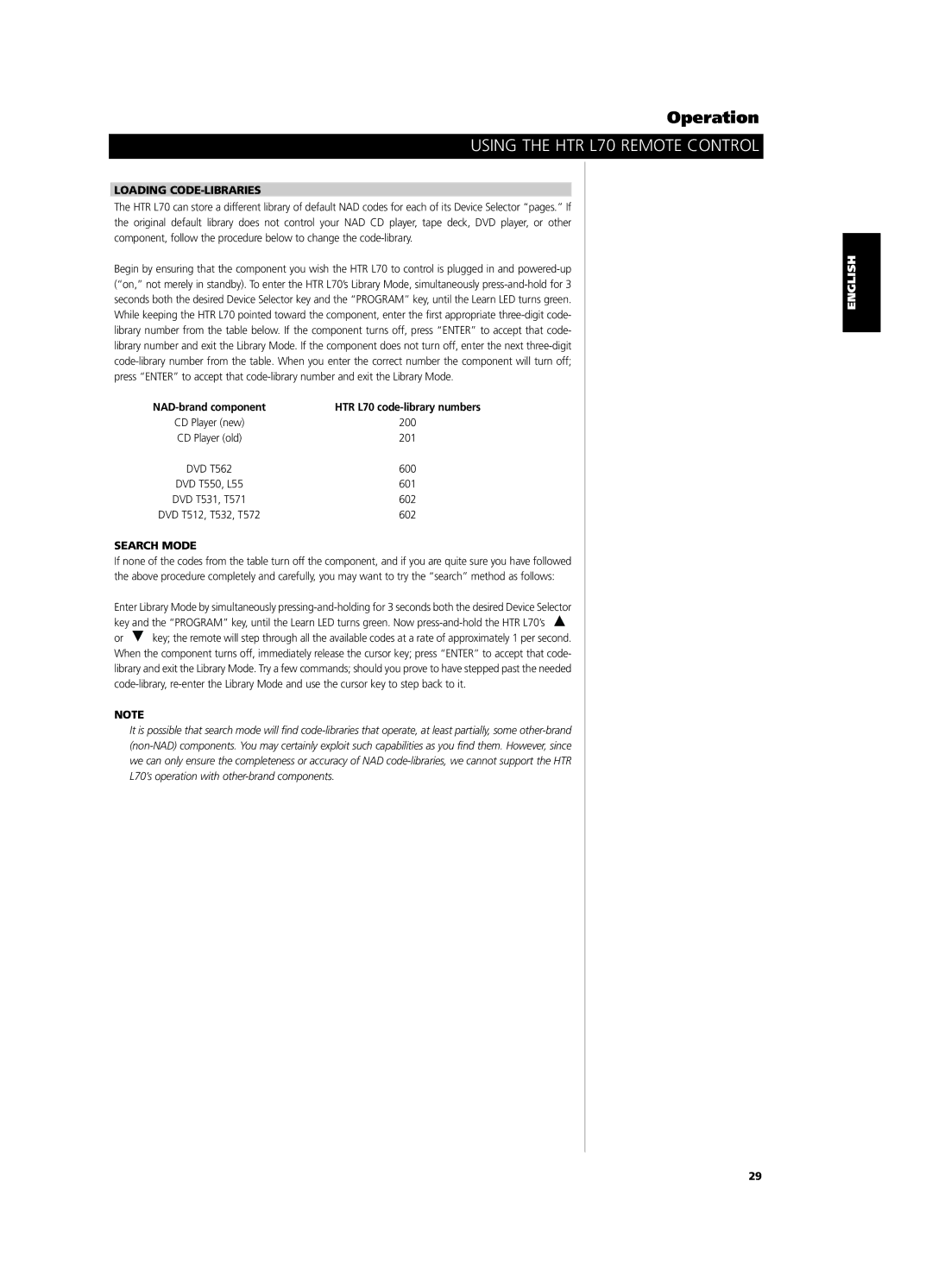 NAD L 70 owner manual Loading CODE-LIBRARIES, Search Mode 