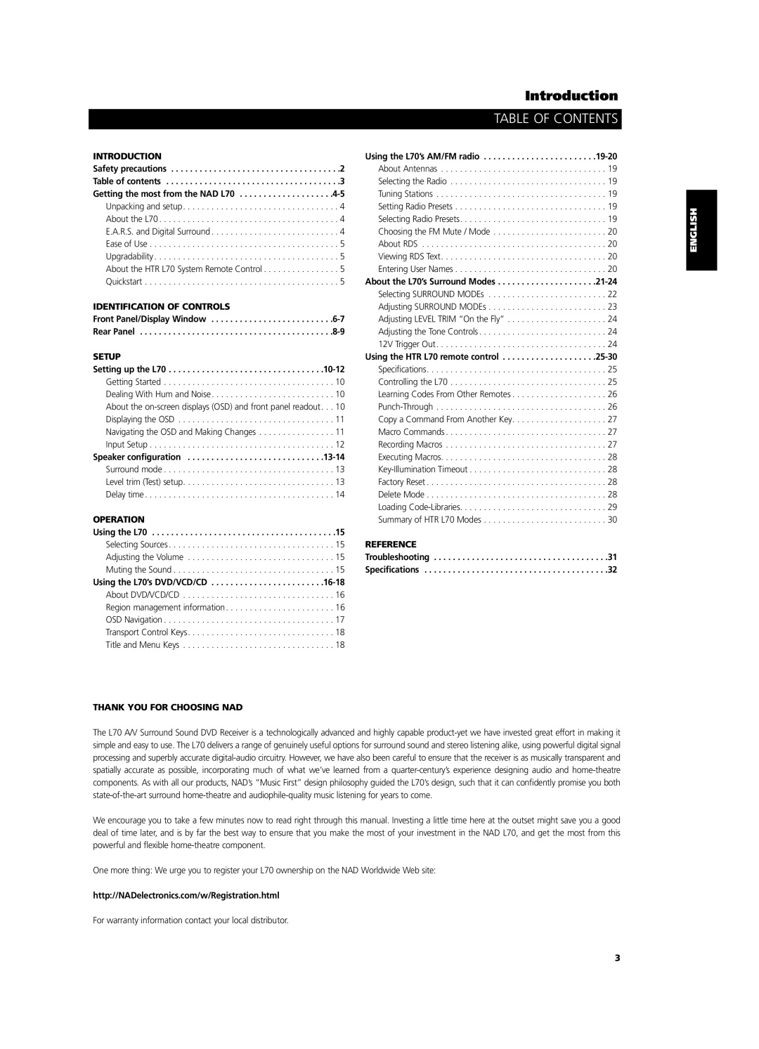 NAD L 70 owner manual Table of Contents 