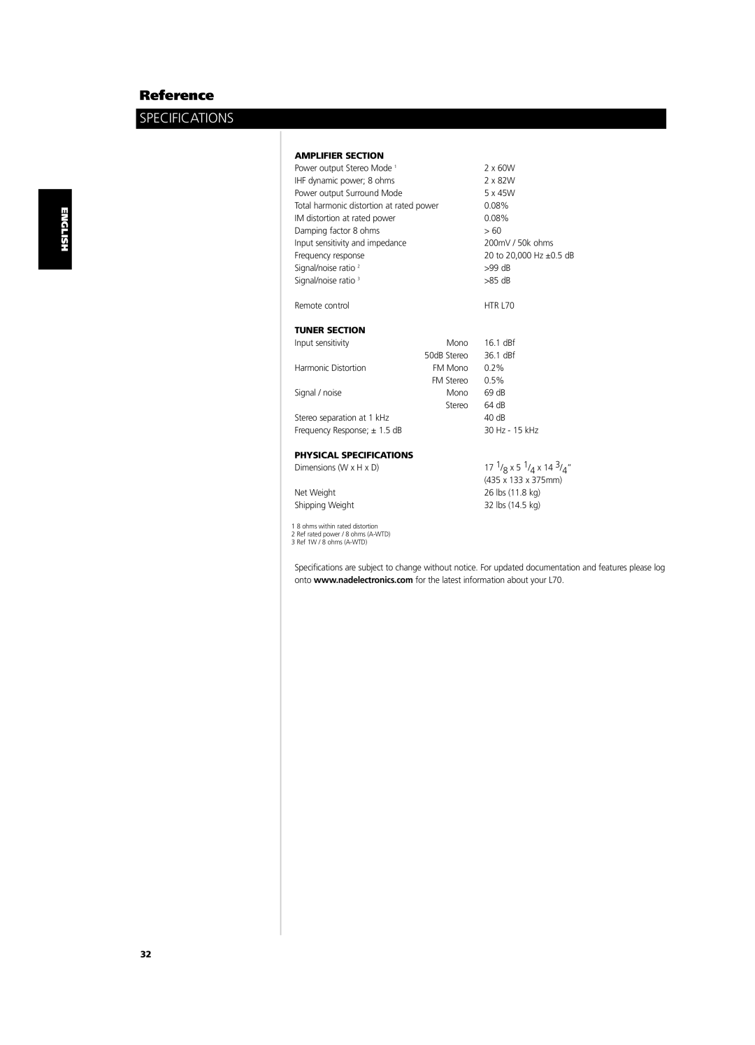 NAD L 70 owner manual Amplifier Section, Tuner Section, Physical Specifications 