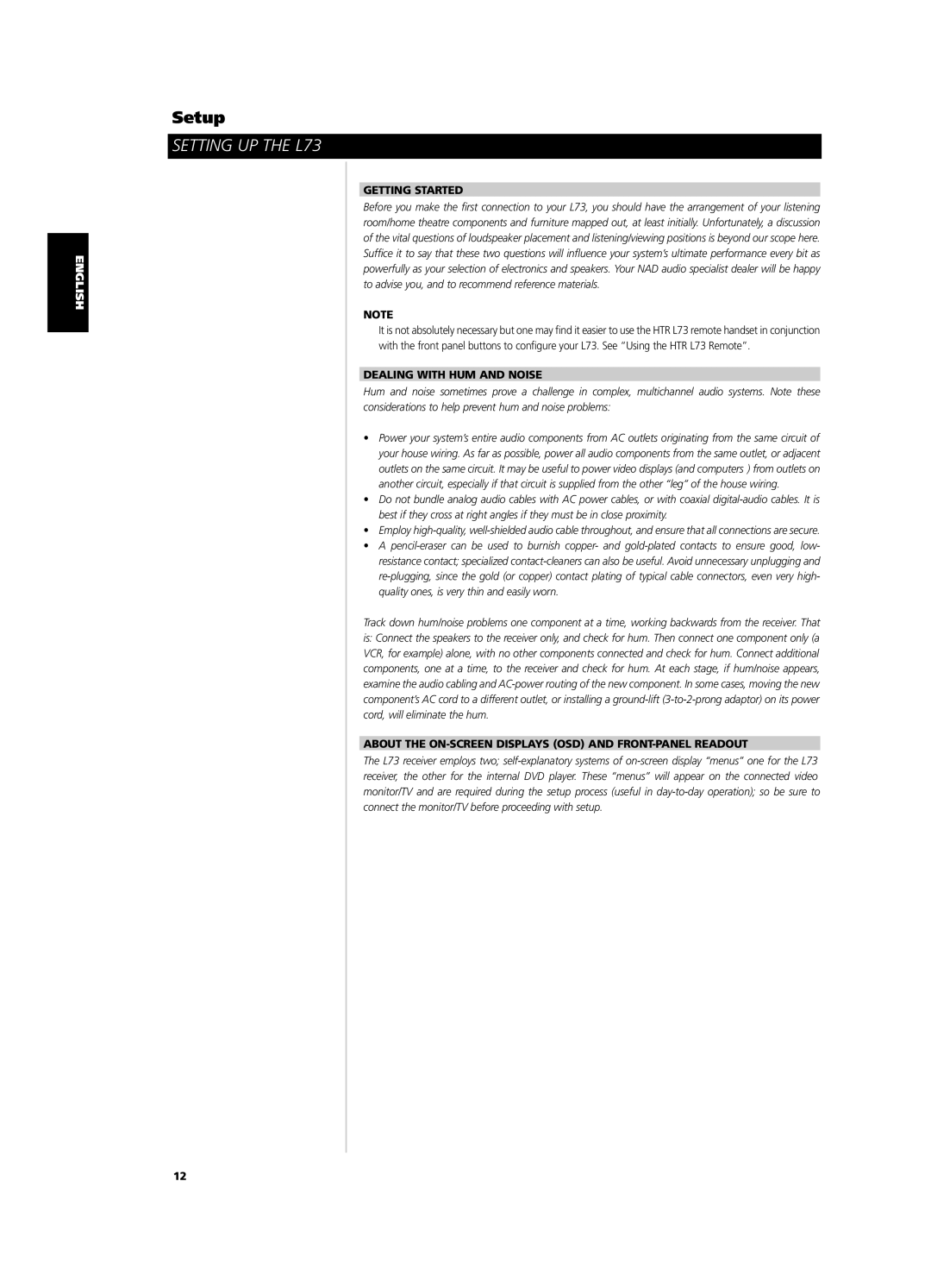 NAD L 73 owner manual Setting UP the L73, Getting Started, Dealing with HUM and Noise 