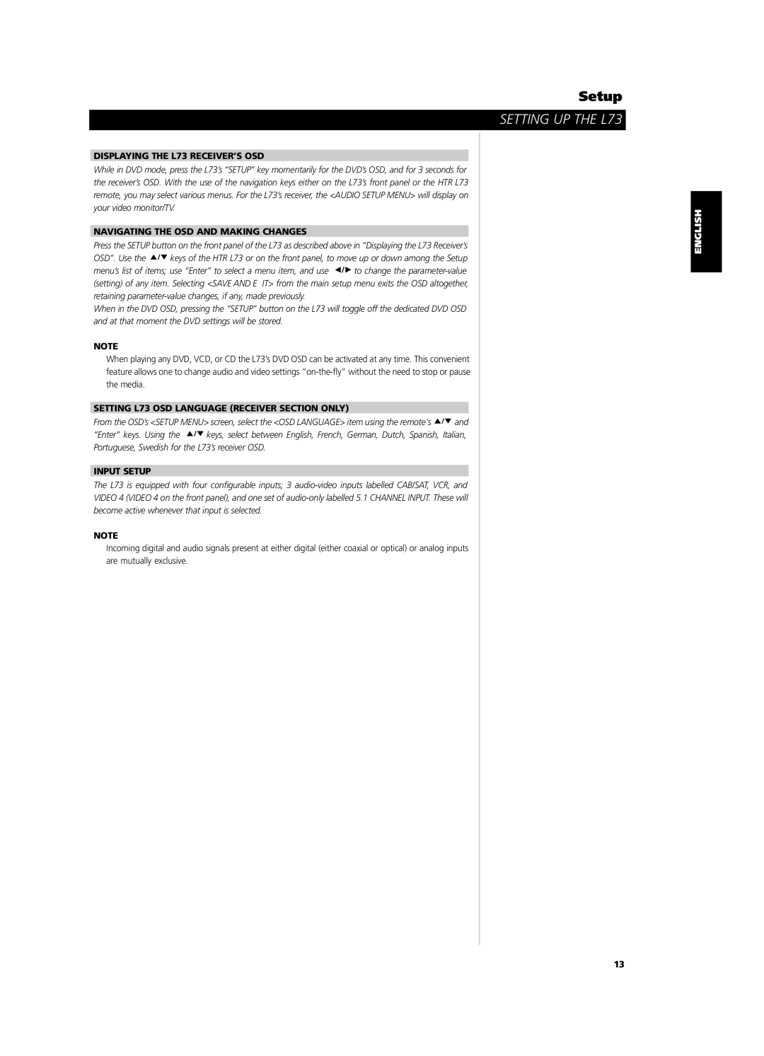 NAD L 73 owner manual Displaying the L73 RECEIVER’S OSD, Navigating the OSD and Making Changes, Input Setup 