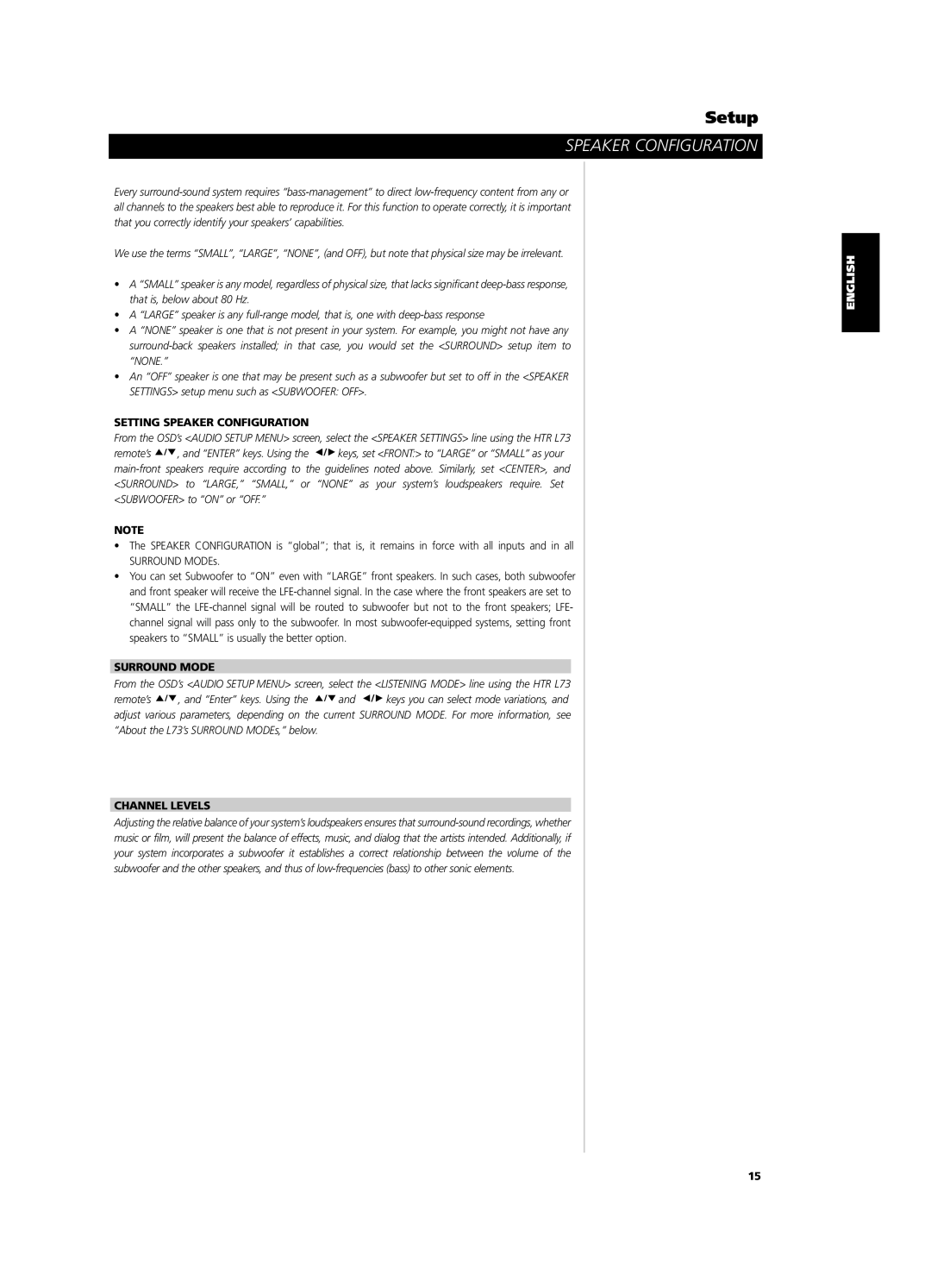 NAD L 73 owner manual Setting Speaker Configuration, Surround Mode, Channel Levels 