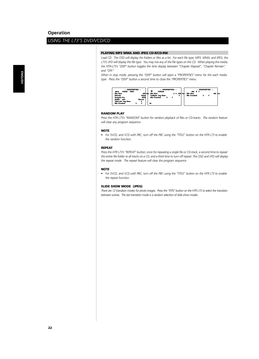 NAD L 73 owner manual Playing MP3 WMA and Jpeg CD-R/CD-RW, Random Play, Repeat, Slide Show Mode Jpeg 