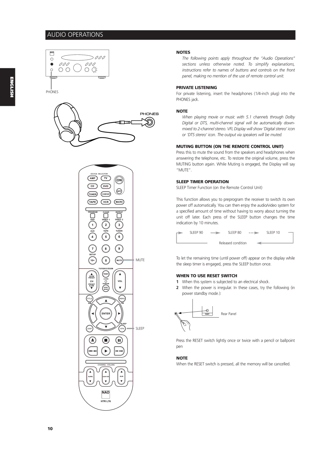 NAD L 76 owner manual Audio Operations, Private Listening, Muting Button on the Remote Control Unit, Sleep Timer Operation 