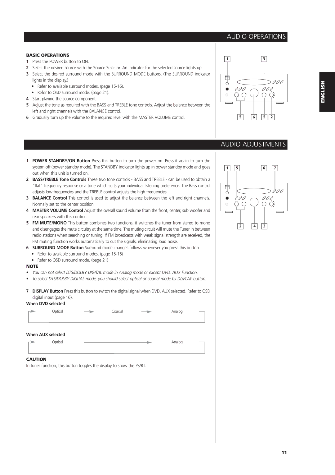 NAD L 76 owner manual Audio Adjustments, Basic Operations, When DVD selected, When AUX selected 