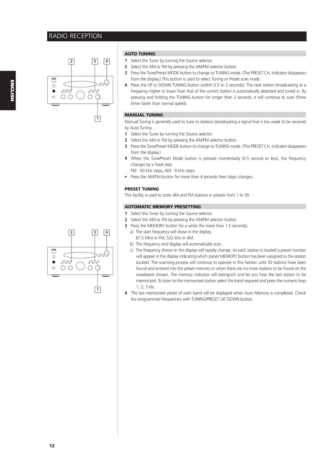 NAD L 76 owner manual Radio Reception, Auto Tuning, Manual Tuning, Preset Tuning, Automatic Memory Presetting 