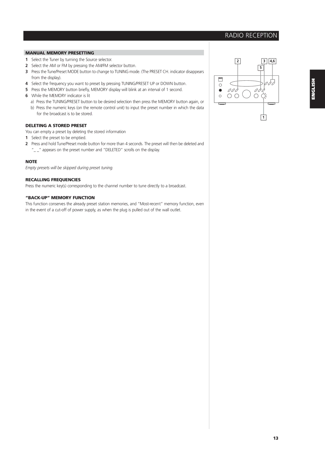 NAD L 76 owner manual Manual Memory Presetting, Deleting a Stored Preset, Recalling Frequencies, BACK-UP Memory Function 