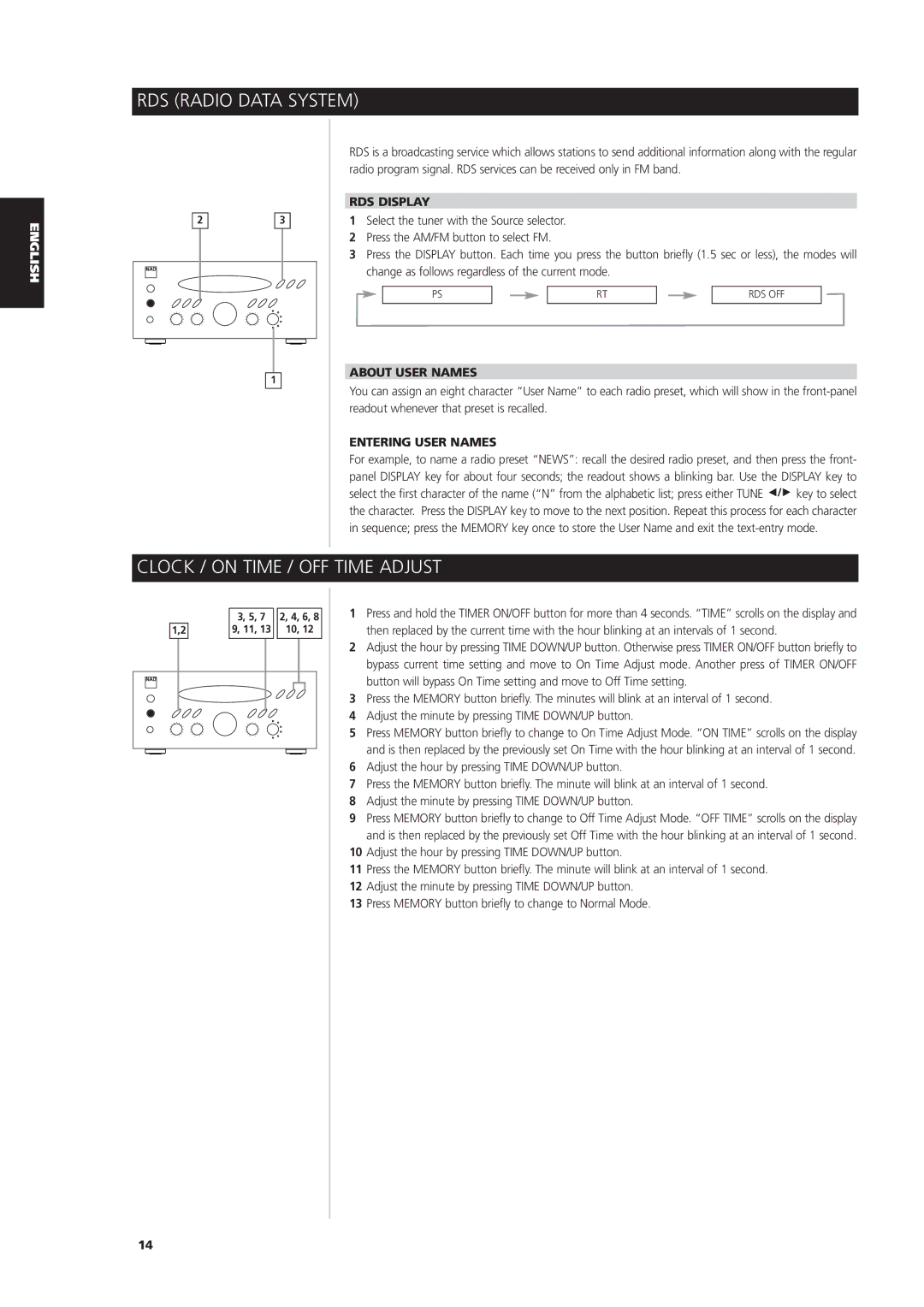 NAD L 76 RDS Radio Data System, Clock / on Time / OFF Time Adjust, RDS Display, About User Names, Entering User Names 