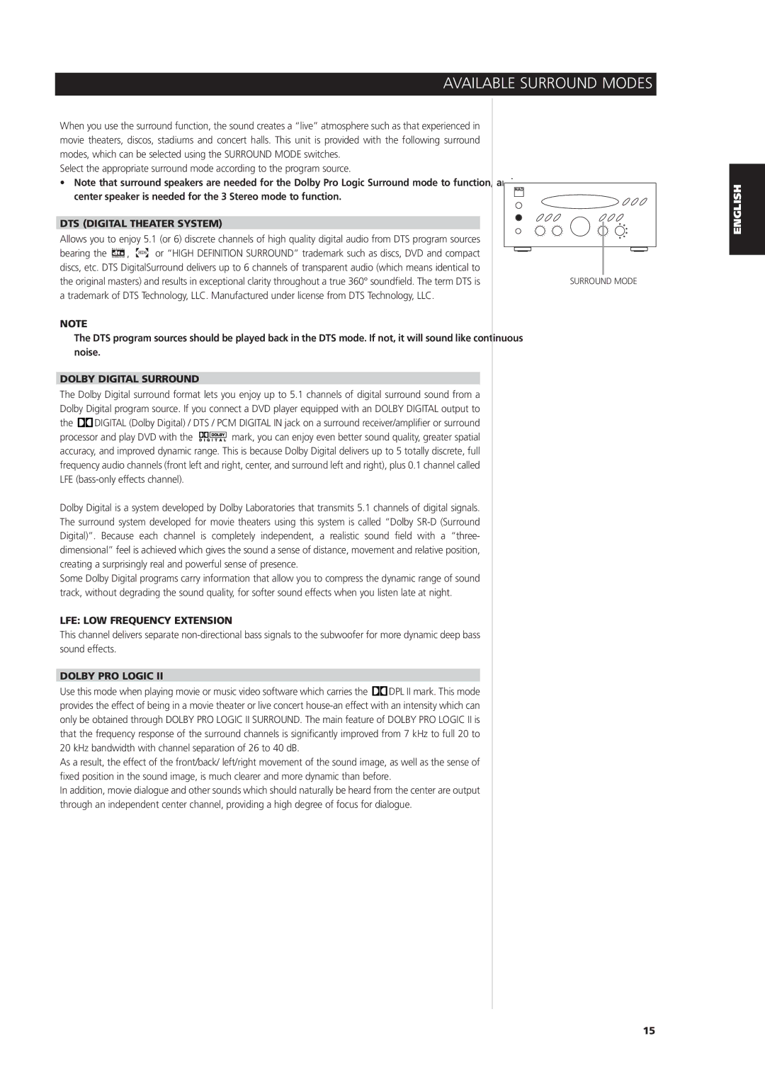 NAD L 76 Available Surround Modes, DTS Digital Theater System, Dolby Digital Surround, LFE LOW Frequency Extension 