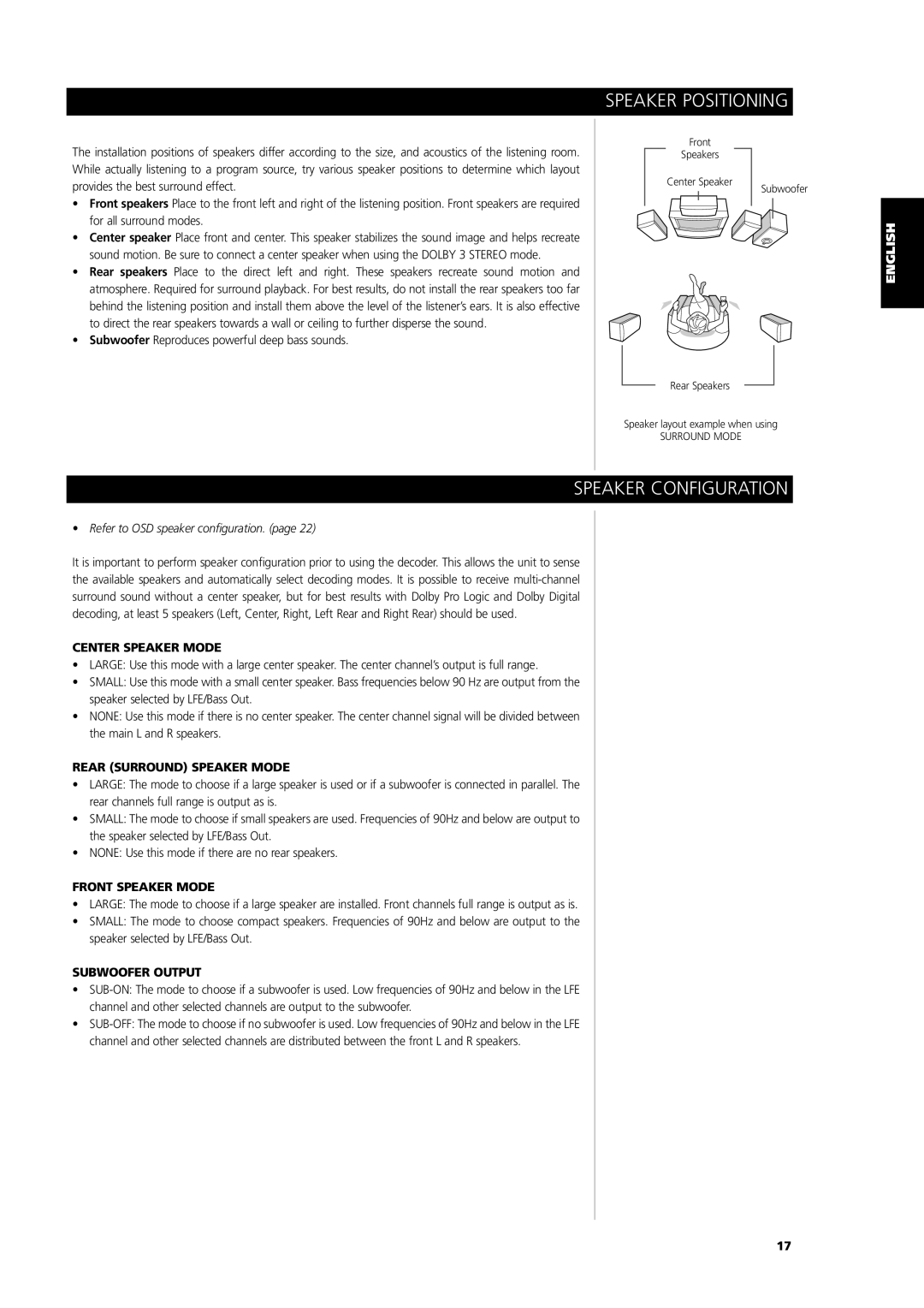 NAD L 76 owner manual Speaker Positioning, Speaker Configuration 