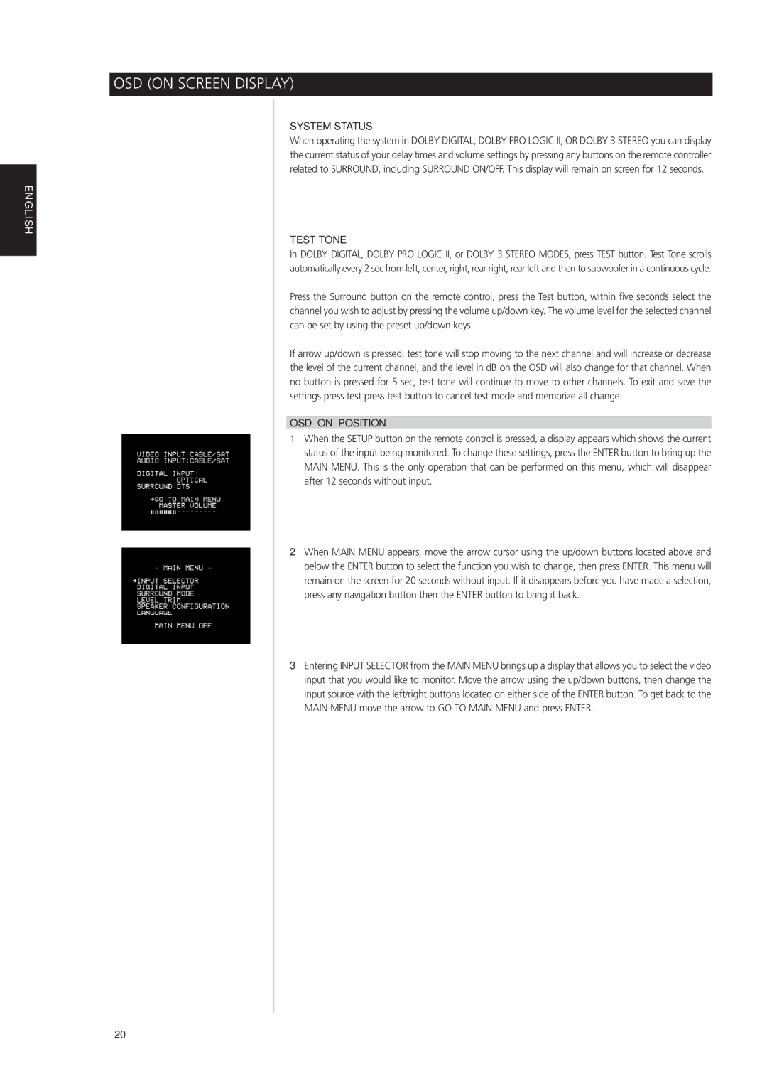 NAD L 76 owner manual System Status, Test Tone, OSD on Position 