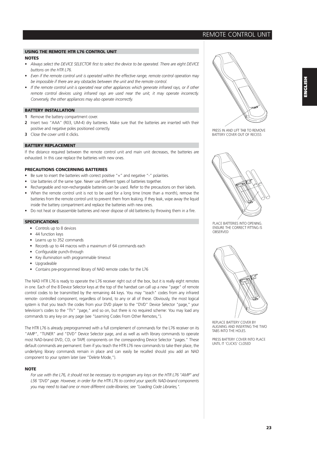 NAD L 76 owner manual Remote Control Unit 