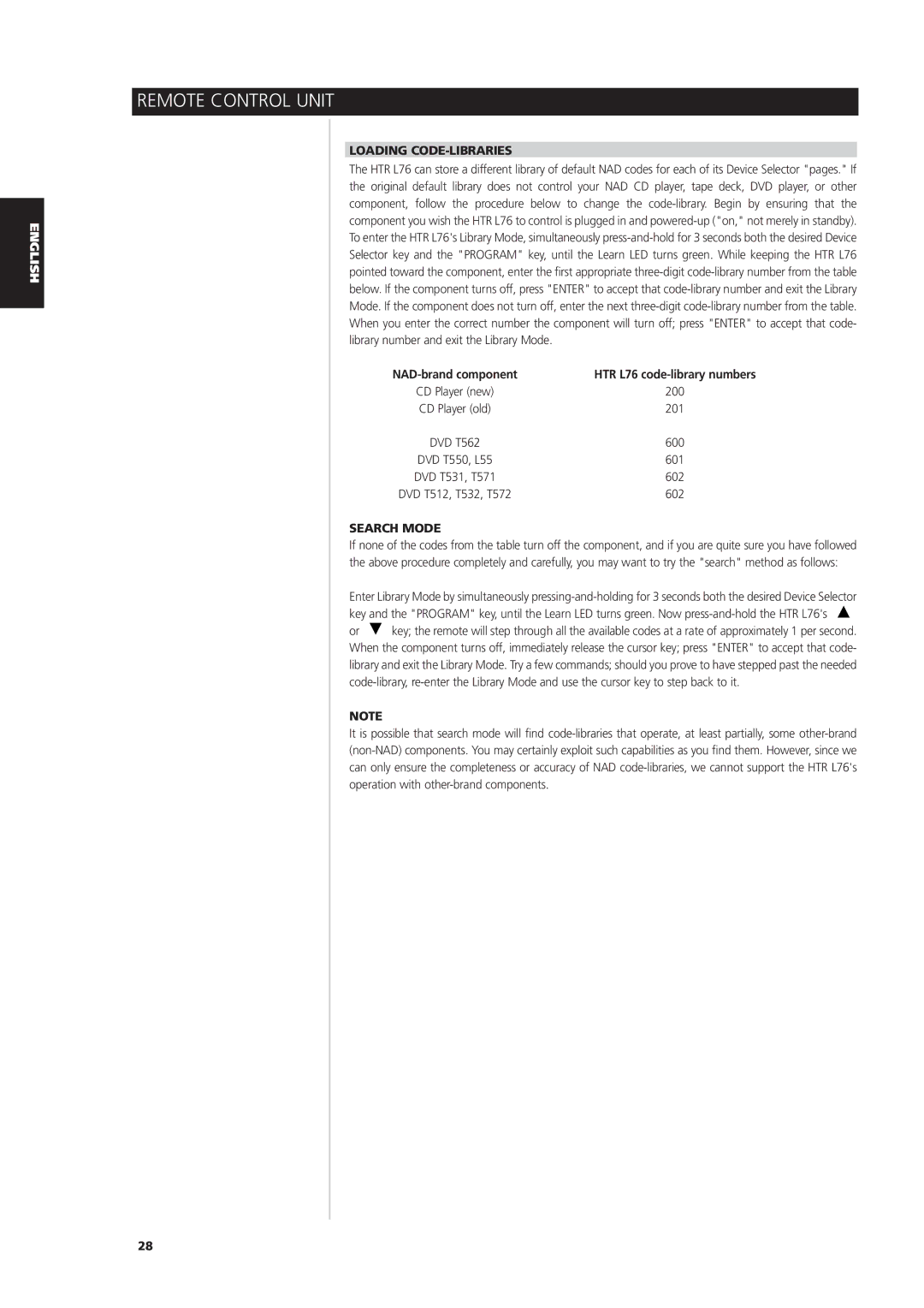 NAD L 76 owner manual Loading CODE-LIBRARIES, Search Mode 