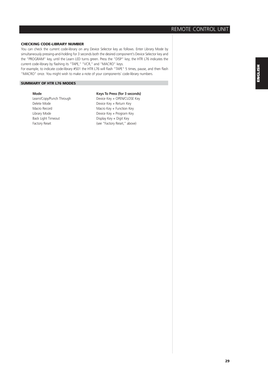 NAD L 76 owner manual Checking CODE-LIBRARY Number, Summary of HTR L76 Modes, Mode Keys To Press for 3 seconds 