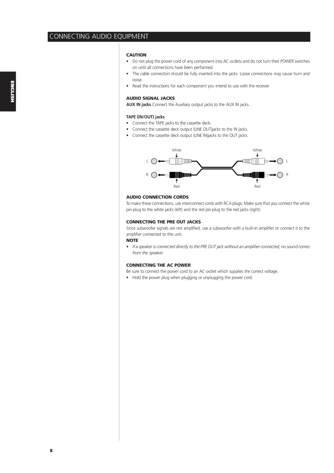 NAD L 76 owner manual Connecting Audio Equipment, Audio Signal Jacks, Audio Connection Cords, Connecting the PRE OUT Jacks 