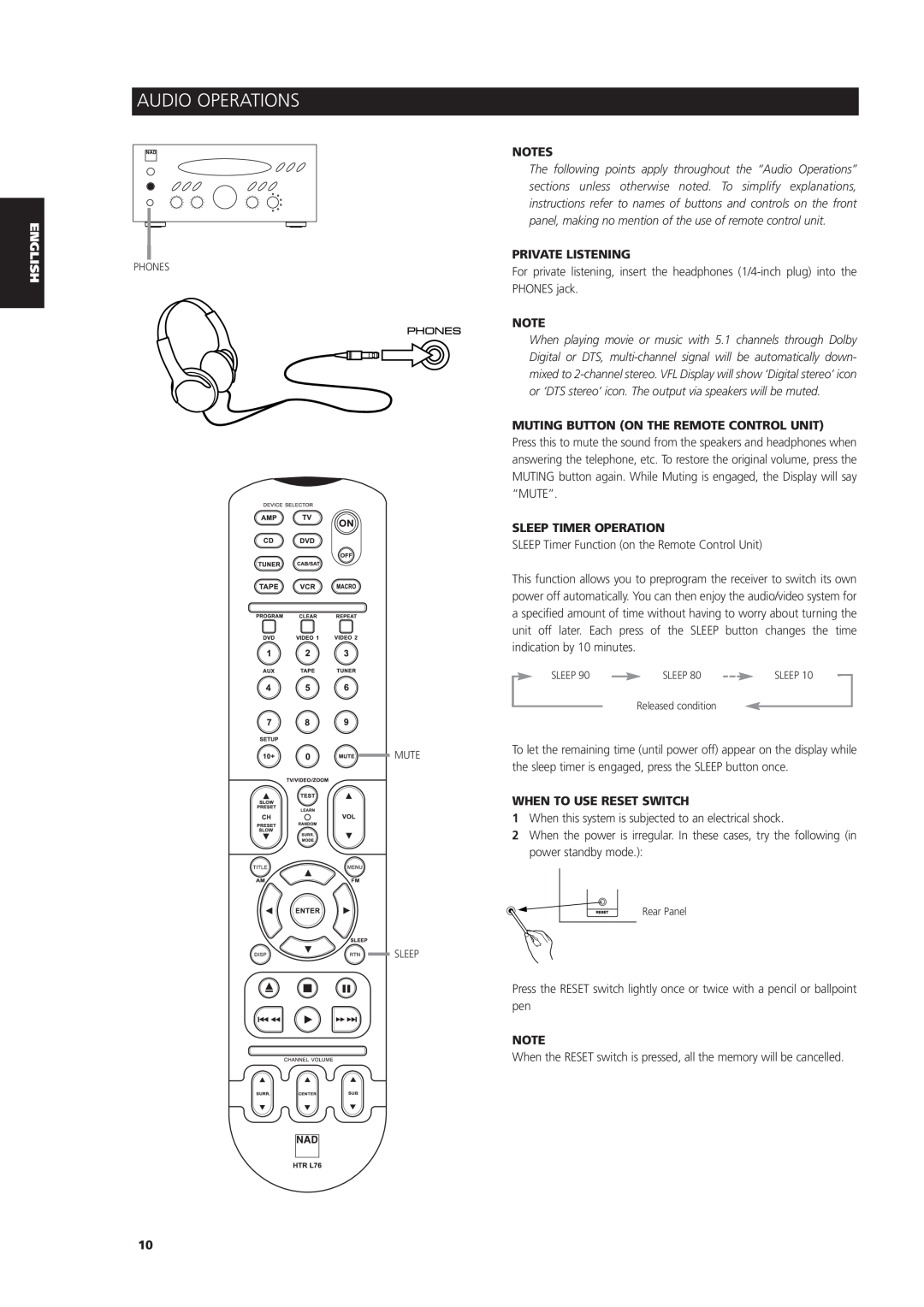 NAD L 76 owner manual Audio Operations, Private Listening, Muting Button On The Remote Control Unit, Sleep Timer Operation 