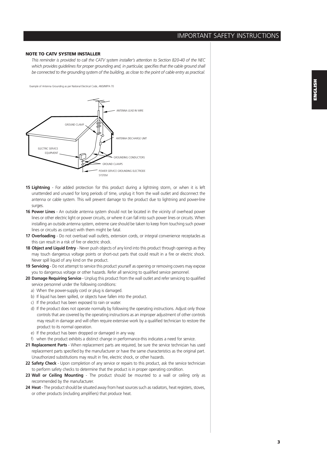 NAD L 76 owner manual Note To Catv System Installer, Important Safety Instructions 