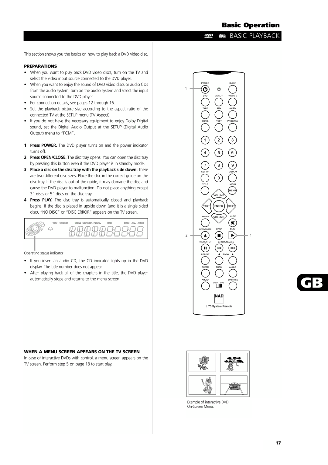 NAD L55 owner manual Basic Operation, Basic Playback, Preparations, When a Menu Screen Appears on the TV Screen 