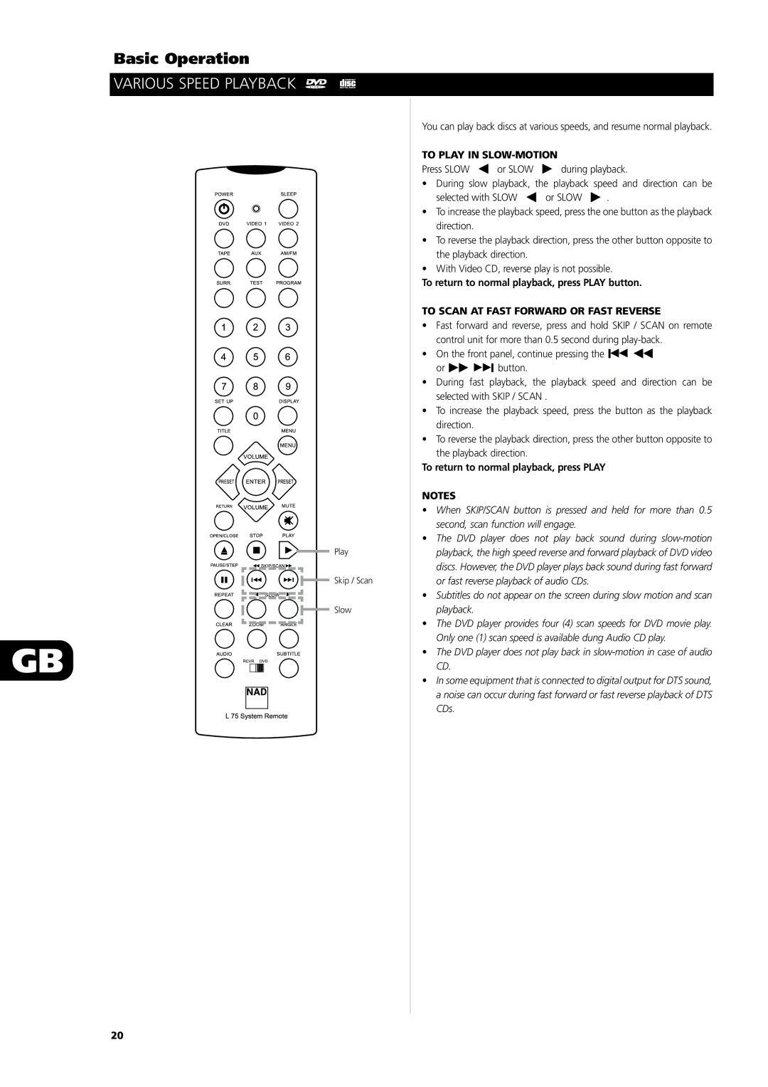 NAD L55 owner manual Various Speed Playback, To Play in SLOW-MOTION, To return to normal playback, press Play button 