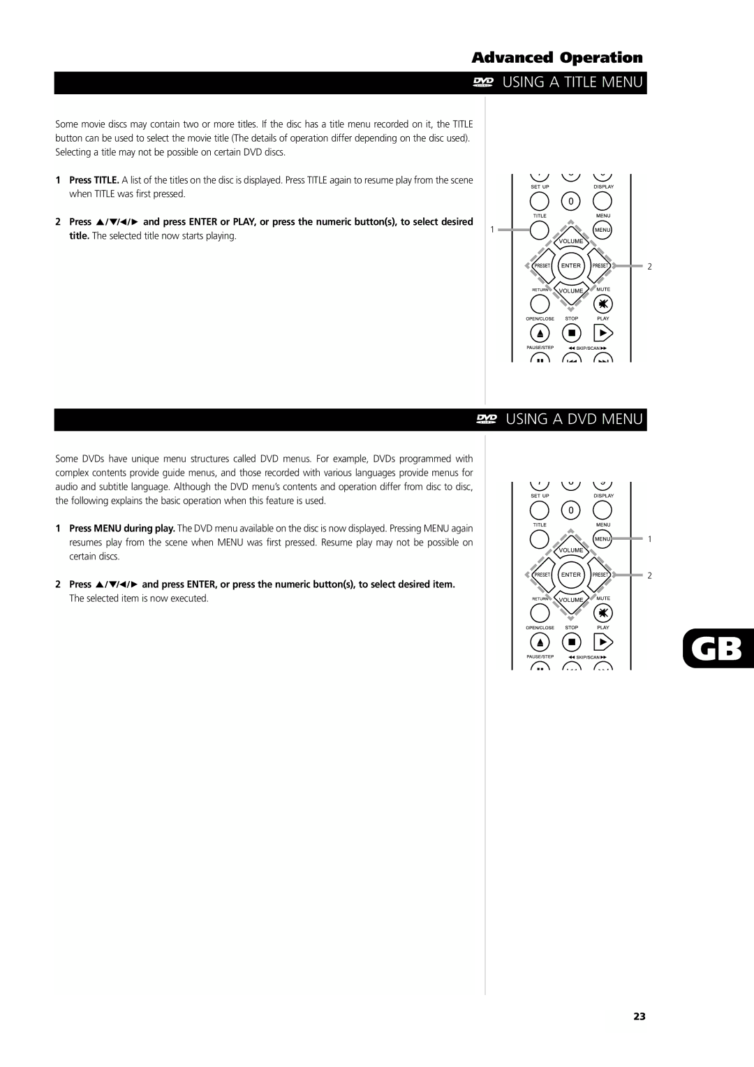 NAD L55 owner manual Advanced Operation, Using a Title Menu, Using a DVD Menu 