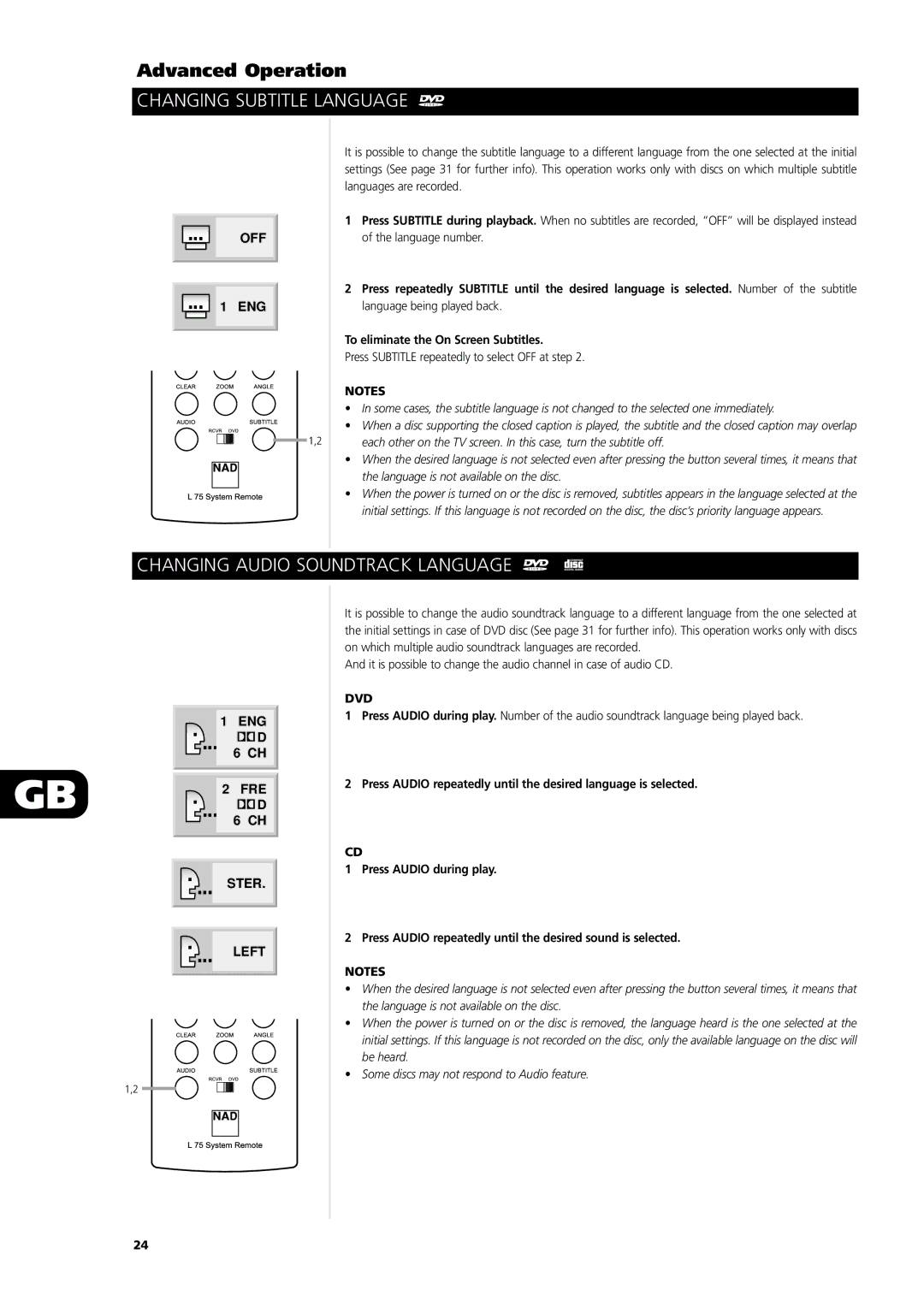 NAD L55 owner manual Changing Subtitle Language, Changing Audio Soundtrack Language, Dvd 