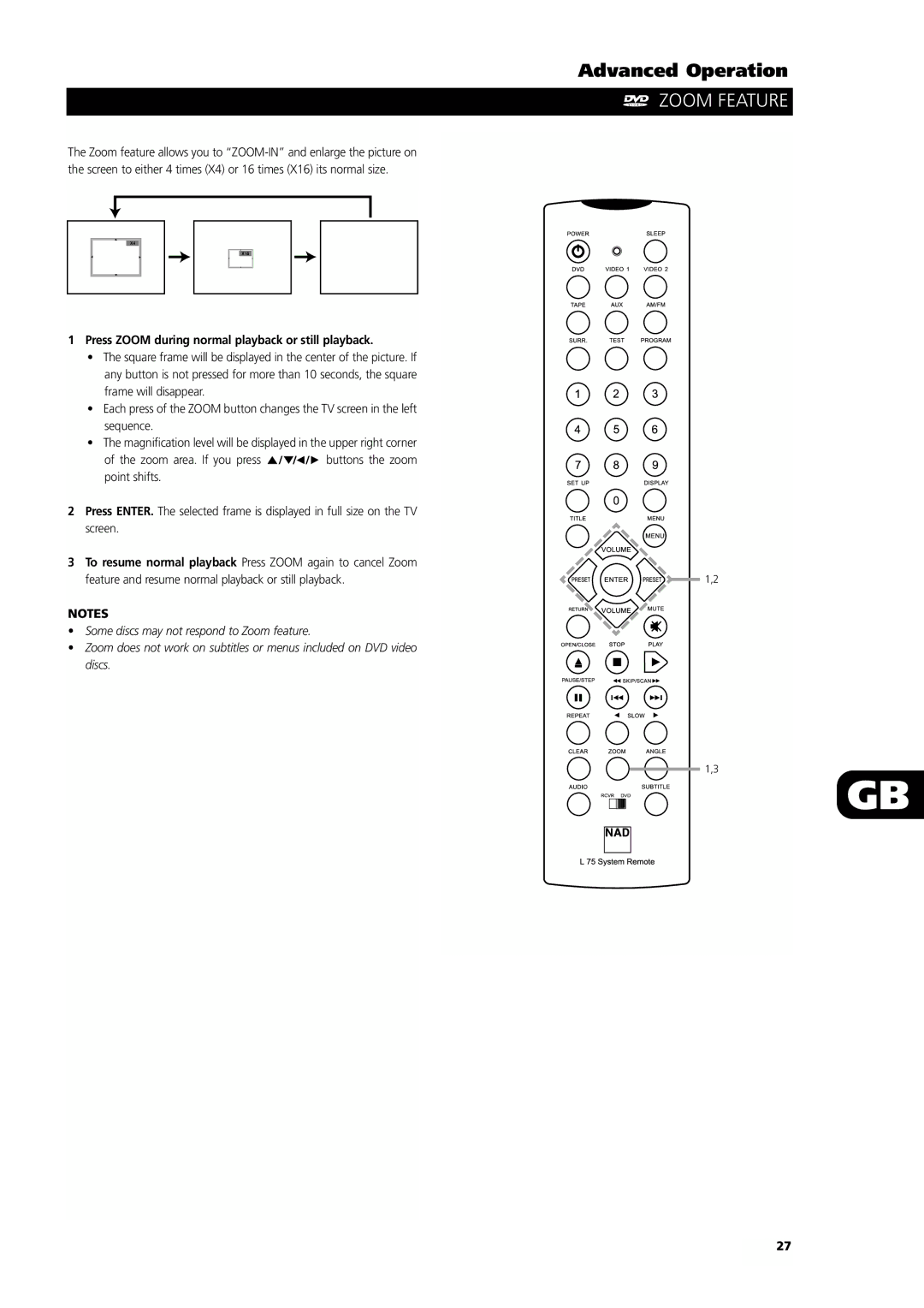 NAD L55 owner manual Zoom Feature, Press Zoom during normal playback or still playback 