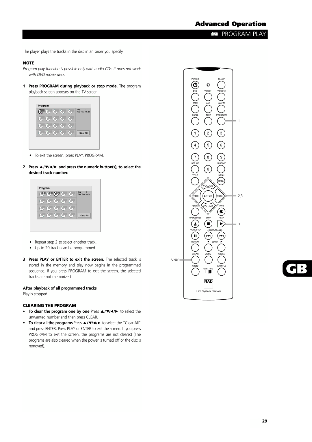 NAD L55 Program Play, Press Program during playback or stop mode. The program, After playback of all programmed tracks 