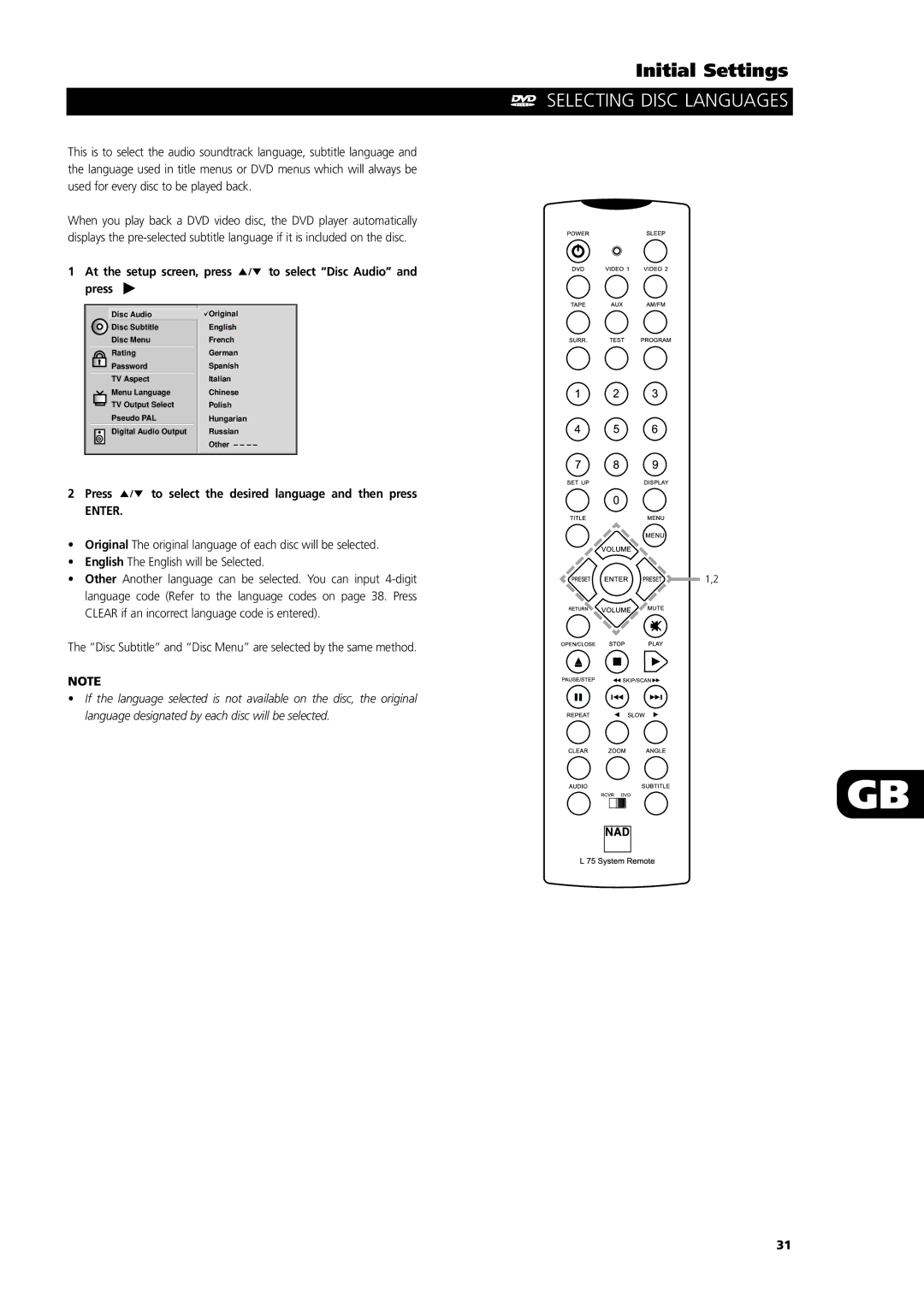 NAD L55 owner manual Selecting Disc Languages, At the setup screen, press to select Disc Audio and press, Enter 