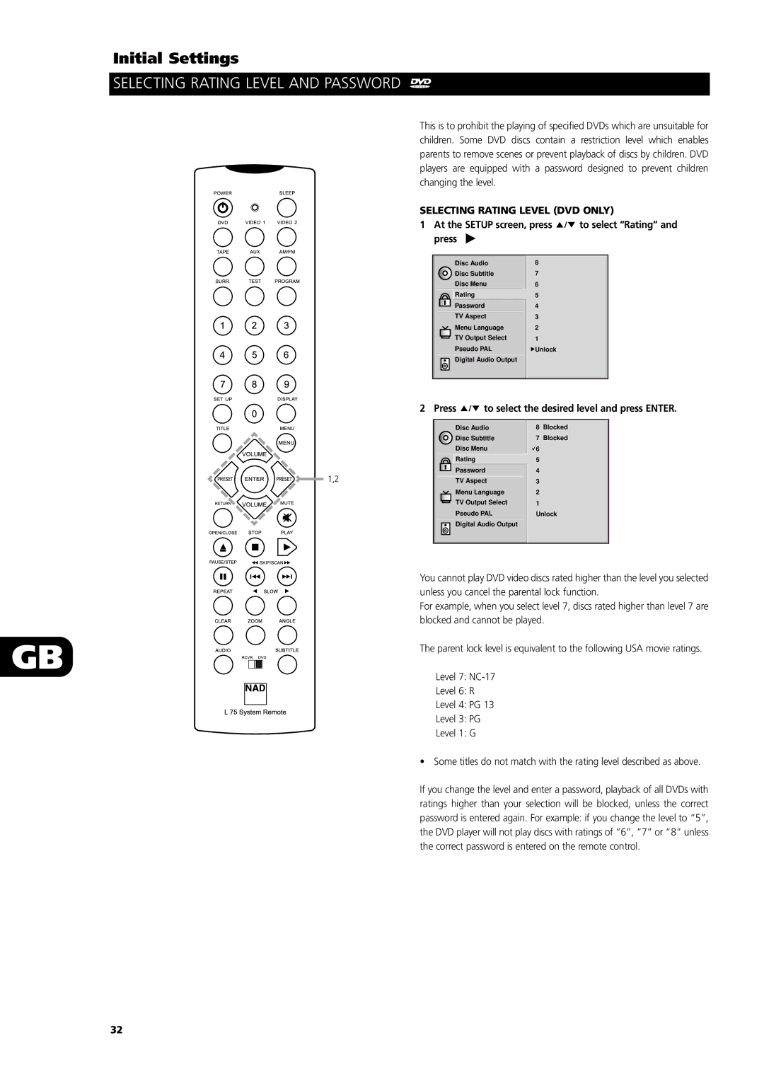 NAD L55 owner manual Selecting Rating Level and Password, Selecting Rating Level DVD only 