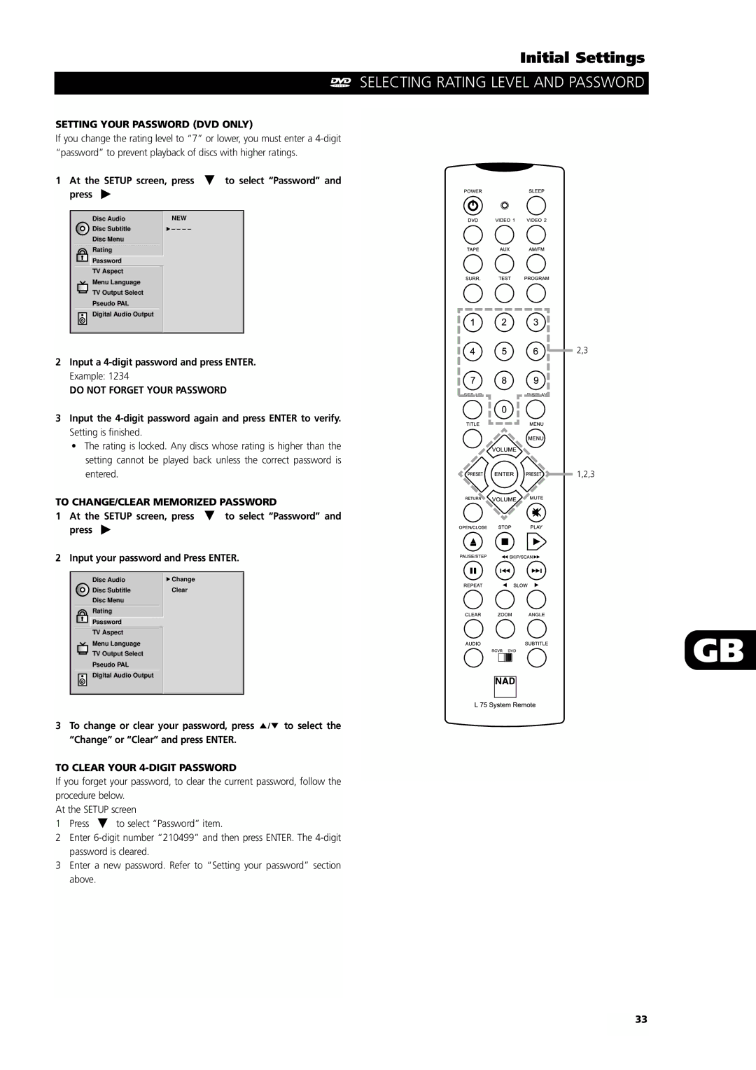 NAD L55 owner manual Setting Your Password DVD only, Do not Forget Your Password, To CHANGE/CLEAR Memorized Password 