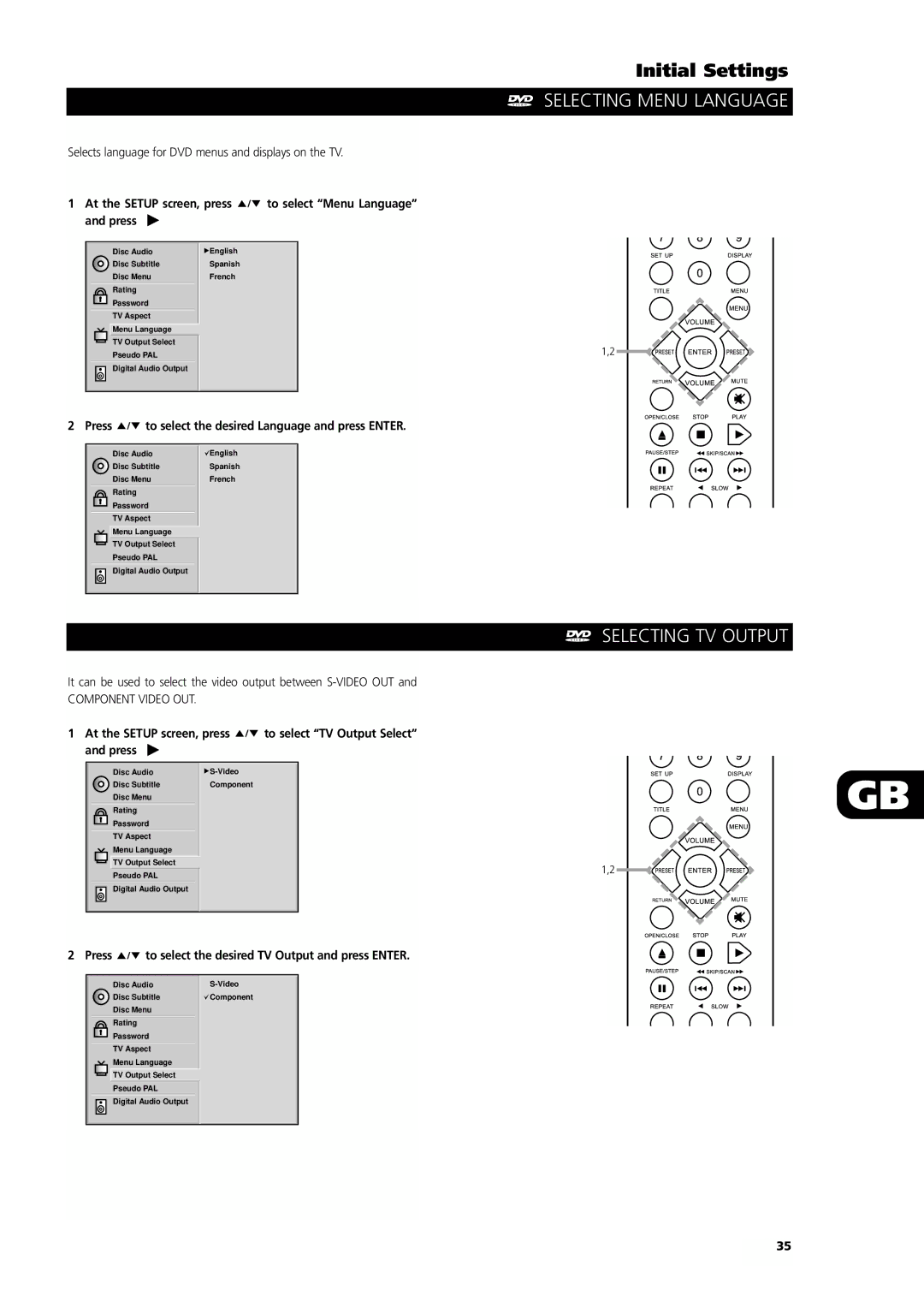 NAD L55 owner manual Selecting Menu Language, Selecting TV Output, Press to select the desired Language and press Enter 