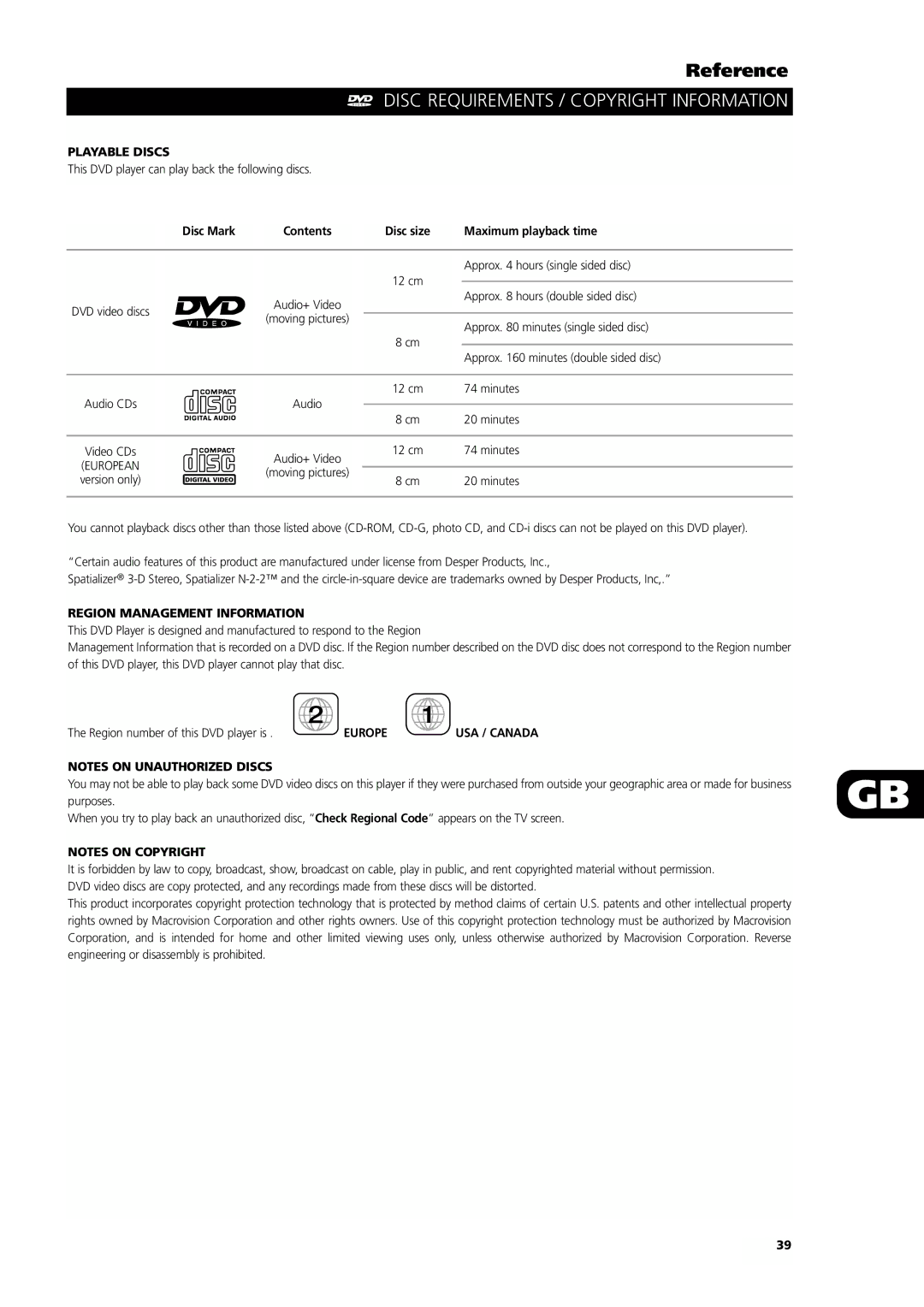 NAD L55 owner manual Reference, Disc Requirements / Copyright Information, Playable Discs, Region Management Information 