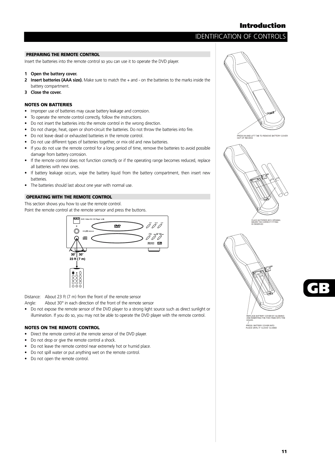 NAD L56 Preparing the Remote Control, Open the battery cover, Close the cover, Operating with the Remote Control 