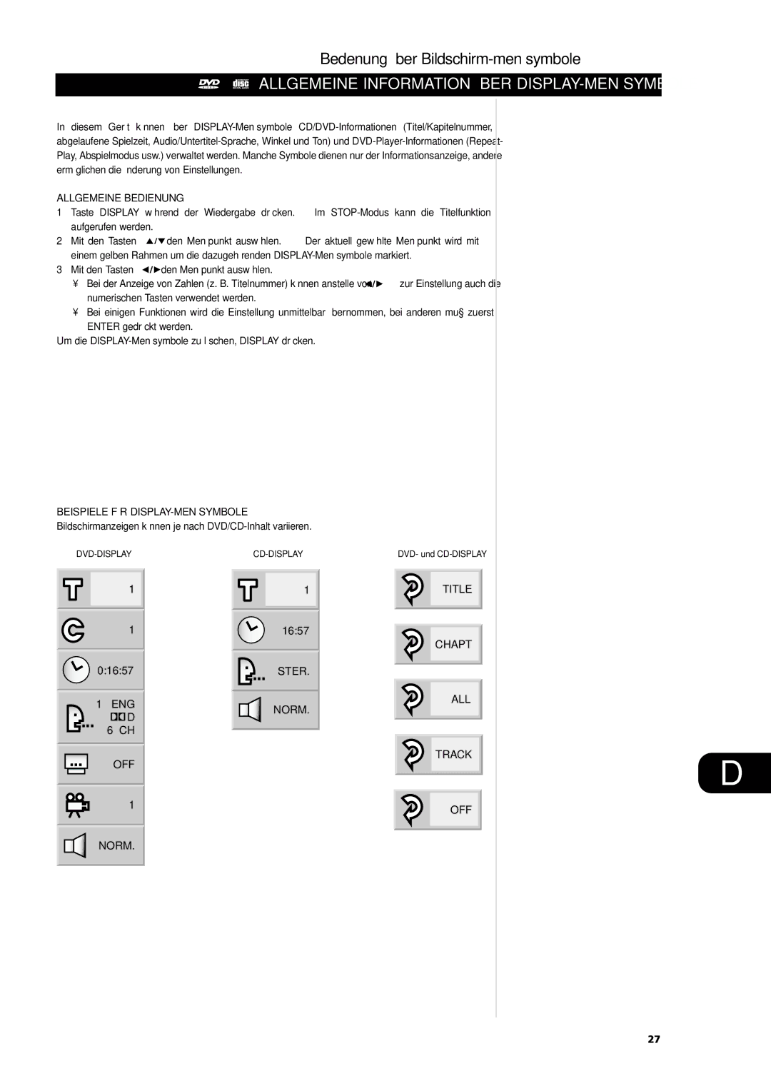 NAD L56 Bedenung Über Bildschirm-menüsymbole, Allgemeine Information Über DISPLAY-MENÜSYMBOLE, Allgemeine Bedienung 