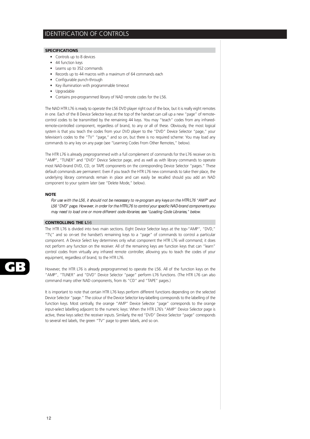 NAD owner manual Specifications, Controlling the L56 