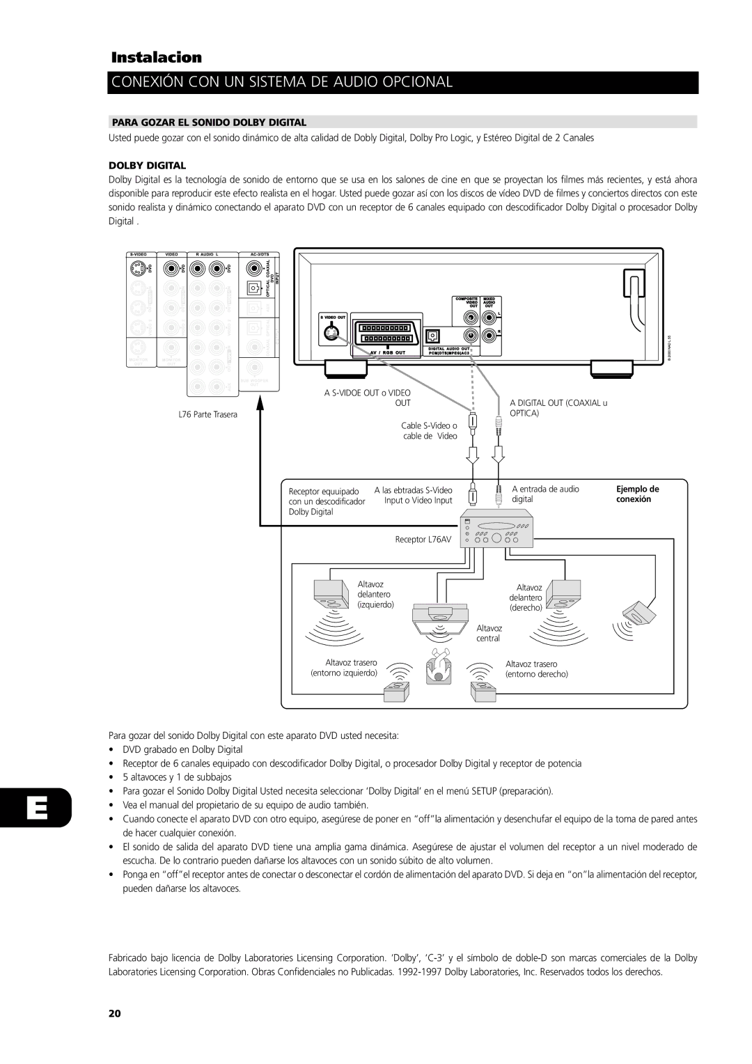 NAD L56 owner manual Conexión CON UN Sistema DE Audio Opcional, Para Gozar EL Sonido Dolby Digital 