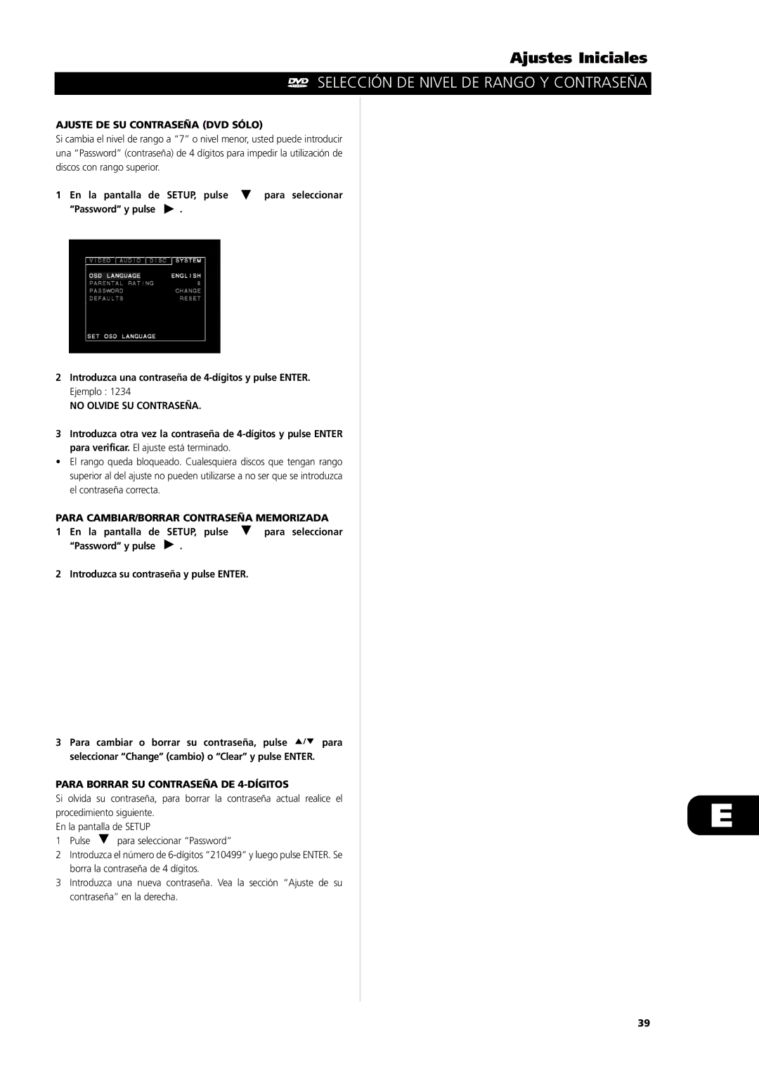 NAD L56 owner manual Ajuste DE SU Contraseña DVD Sólo, No Olvide SU Contraseña, Para CAMBIAR/BORRAR Contraseña Memorizada 