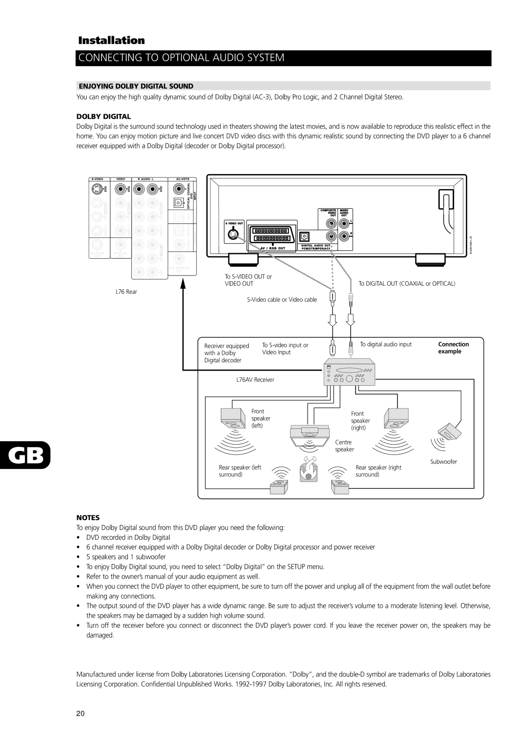 NAD L56 owner manual Connecting to Optional Audio System, Enjoying Dolby Digital Sound 