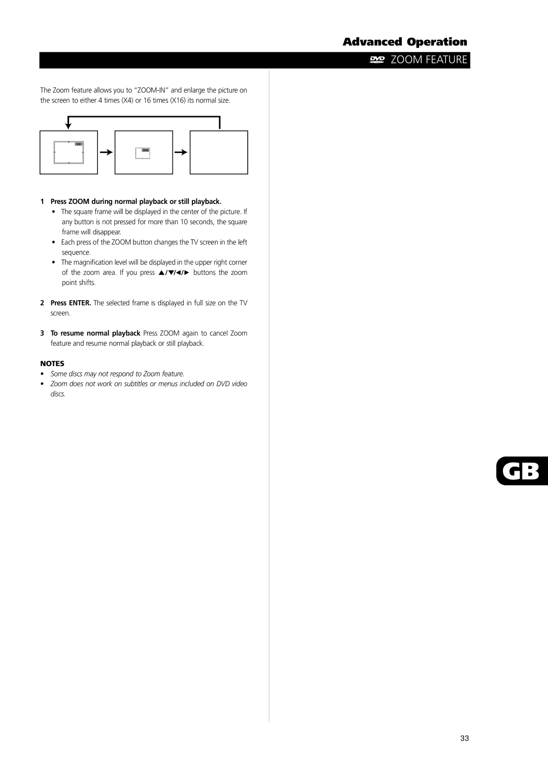 NAD L56 owner manual Zoom Feature, Press Zoom during normal playback or still playback 