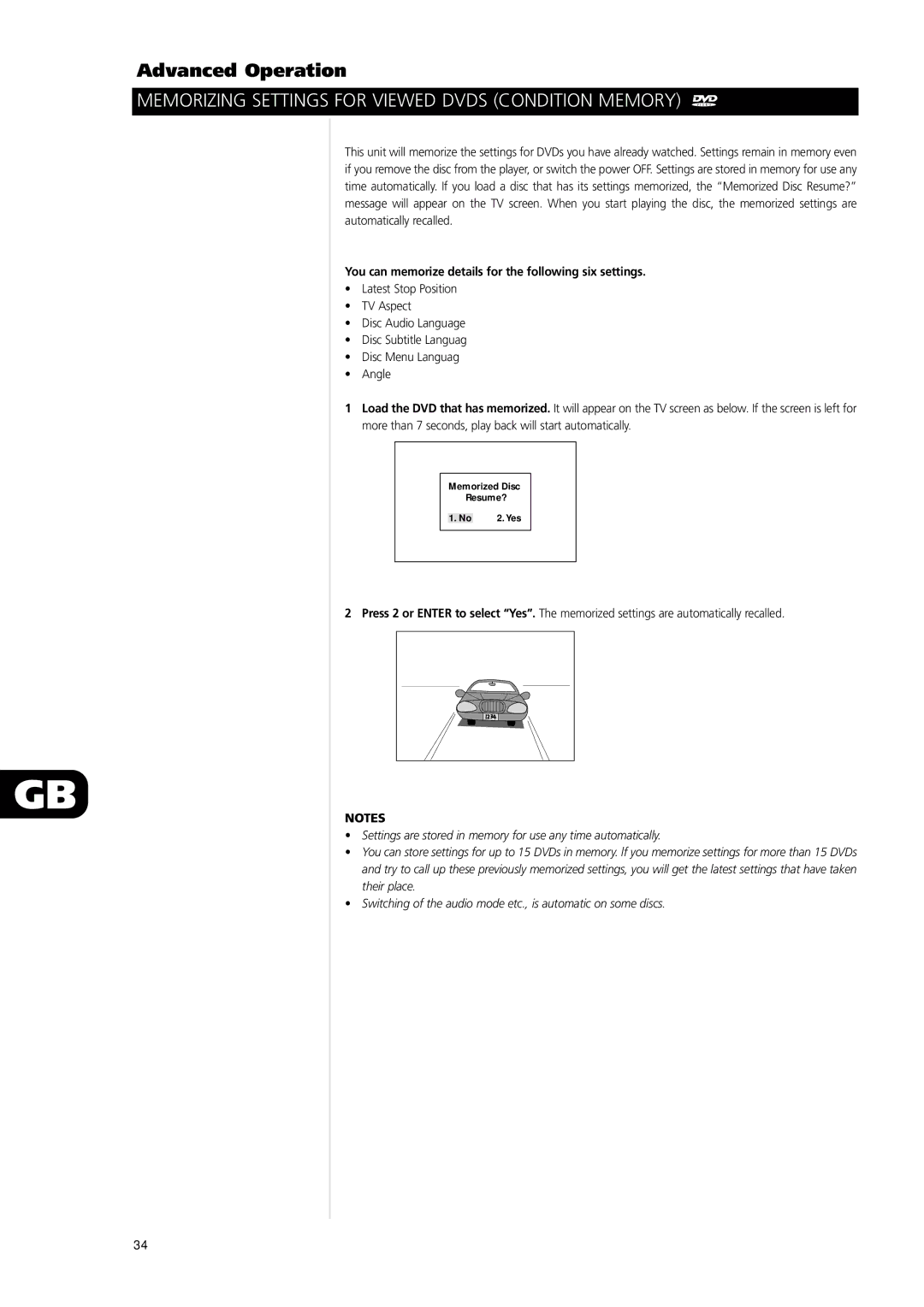 NAD L56 Memorizing Settings for Viewed Dvds Condition Memory, You can memorize details for the following six settings 