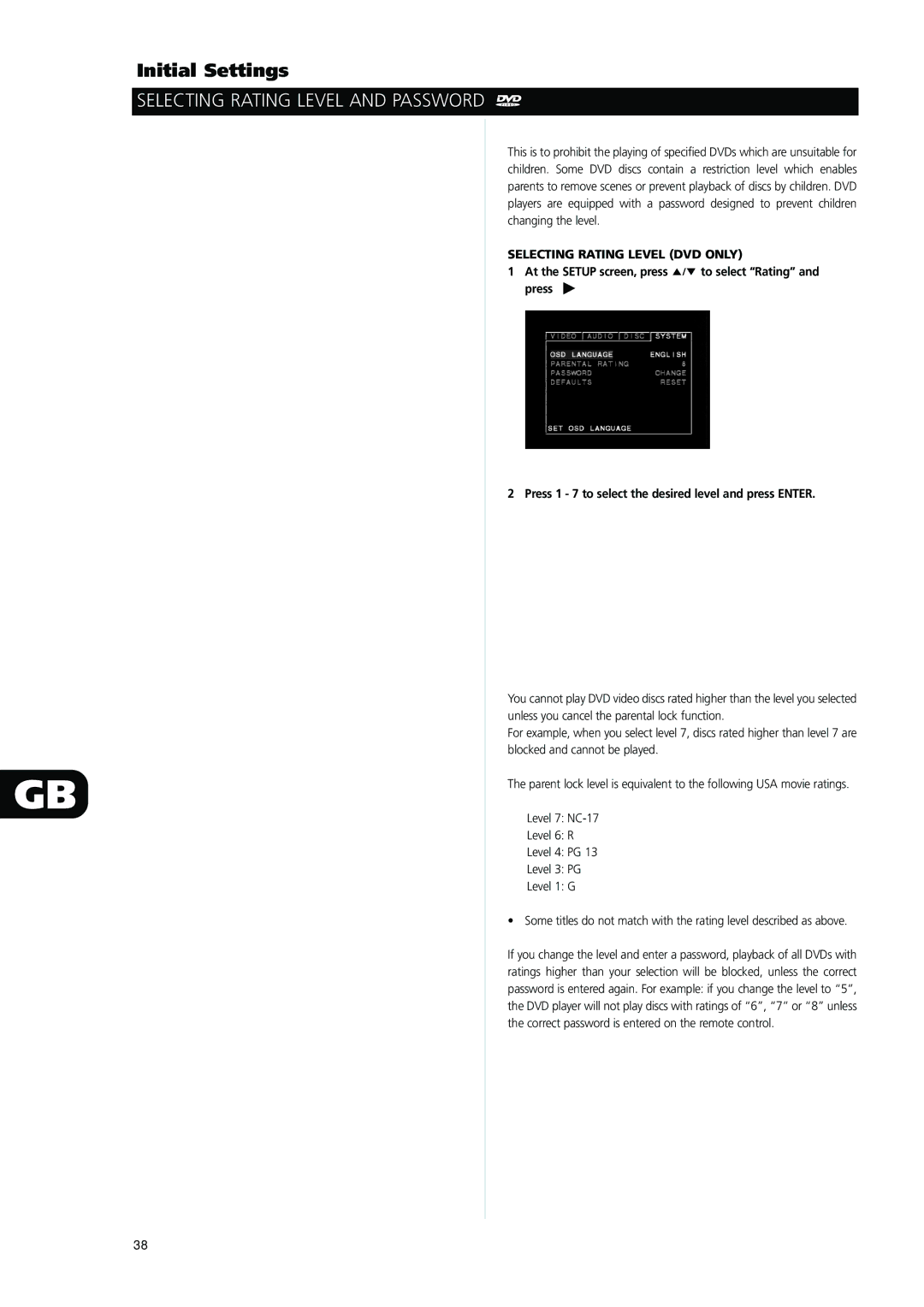 NAD L56 owner manual Selecting Rating Level and Password, Selecting Rating Level DVD only 
