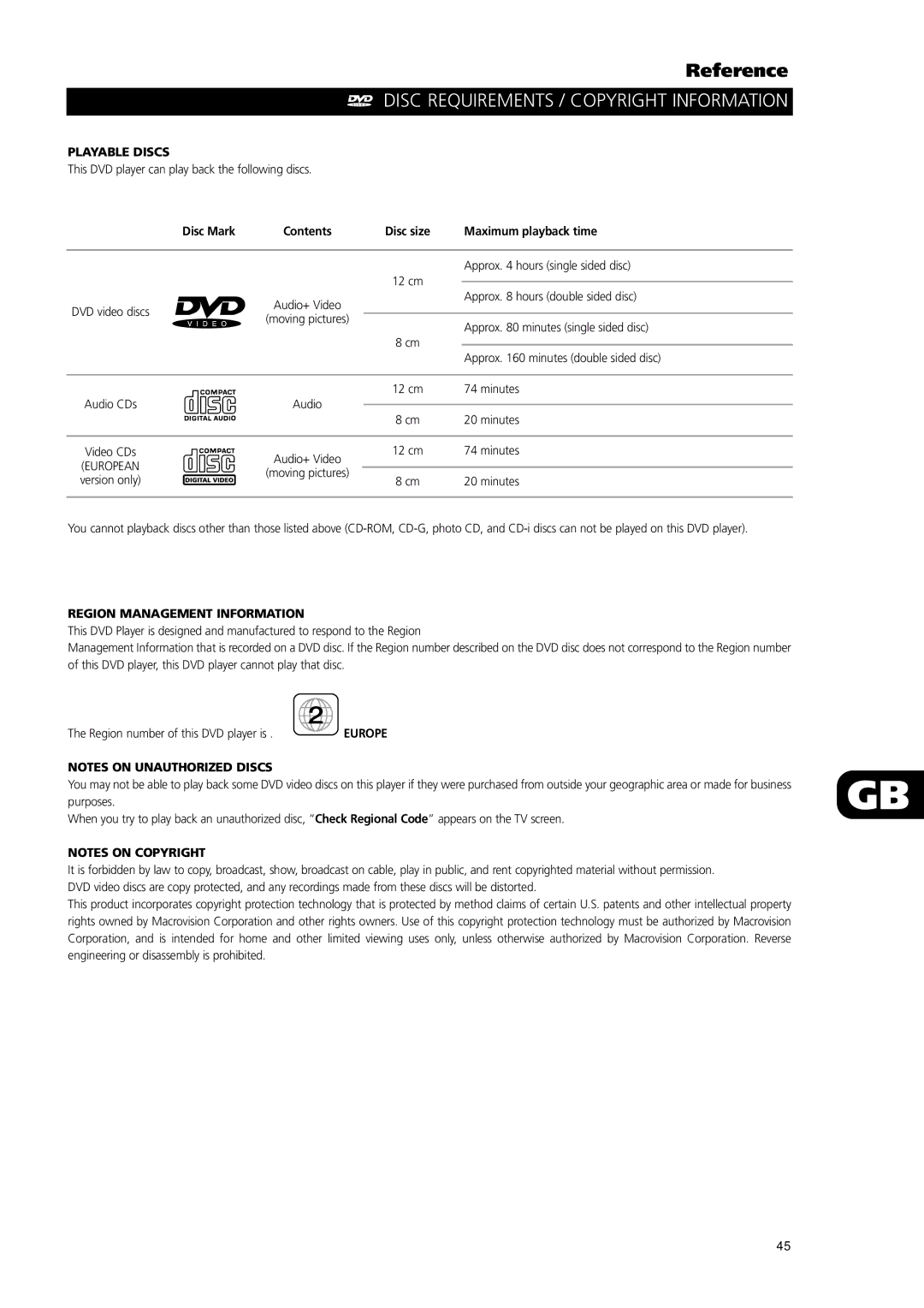 NAD L56 owner manual Reference, Disc Requirements / Copyright Information, Playable Discs, Disc Mark Contents Disc size 