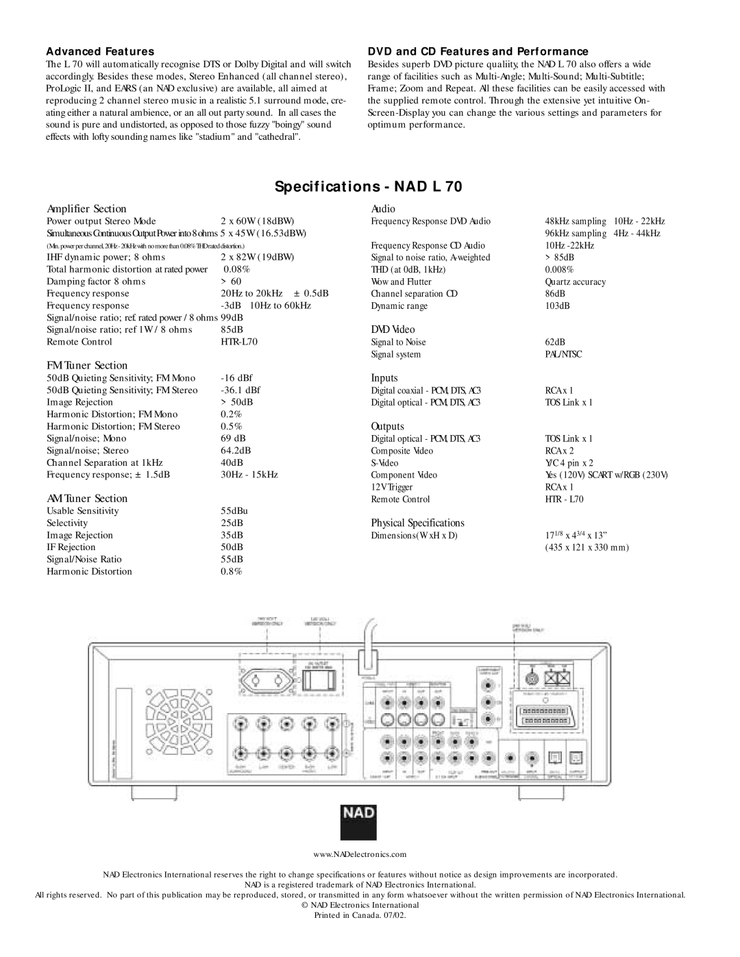 NAD L70 Amplifier Section Audio, DVD Video, FM Tuner Section, Inputs, Outputs, AM Tuner Section, Physical Specifications 