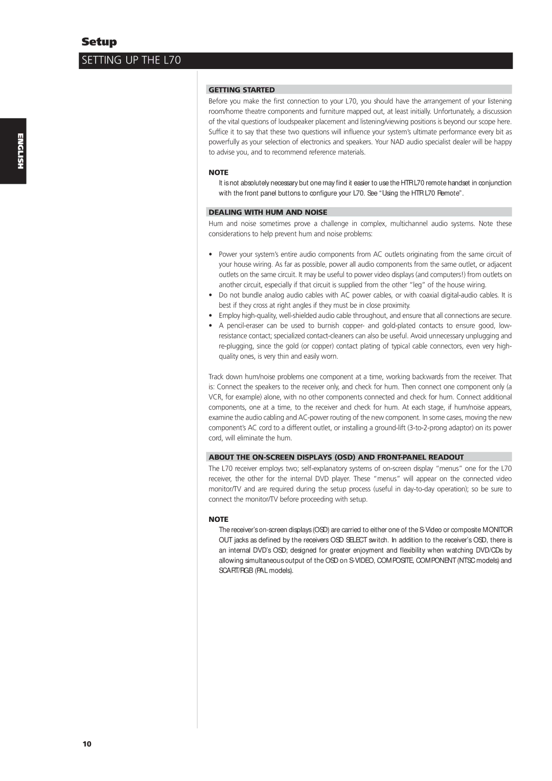 NAD owner manual Setup, Setting UP the L70, Getting Started, Dealing with HUM and Noise 