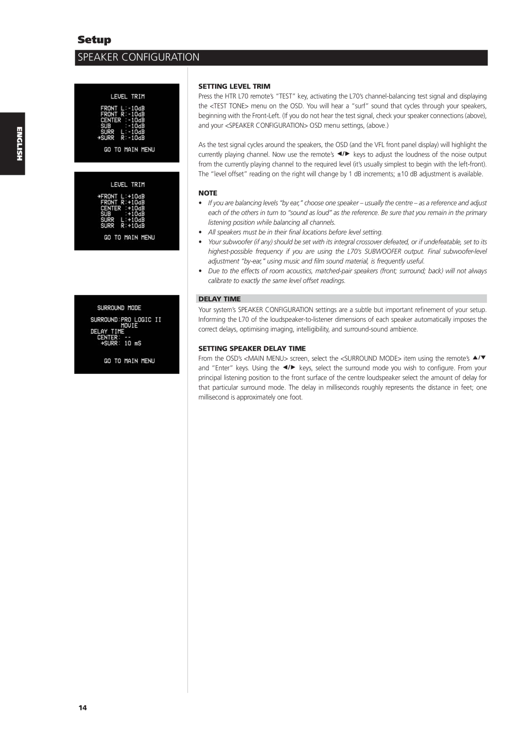 NAD L70 owner manual Setting Level Trim, Setting Speaker Delay Time 