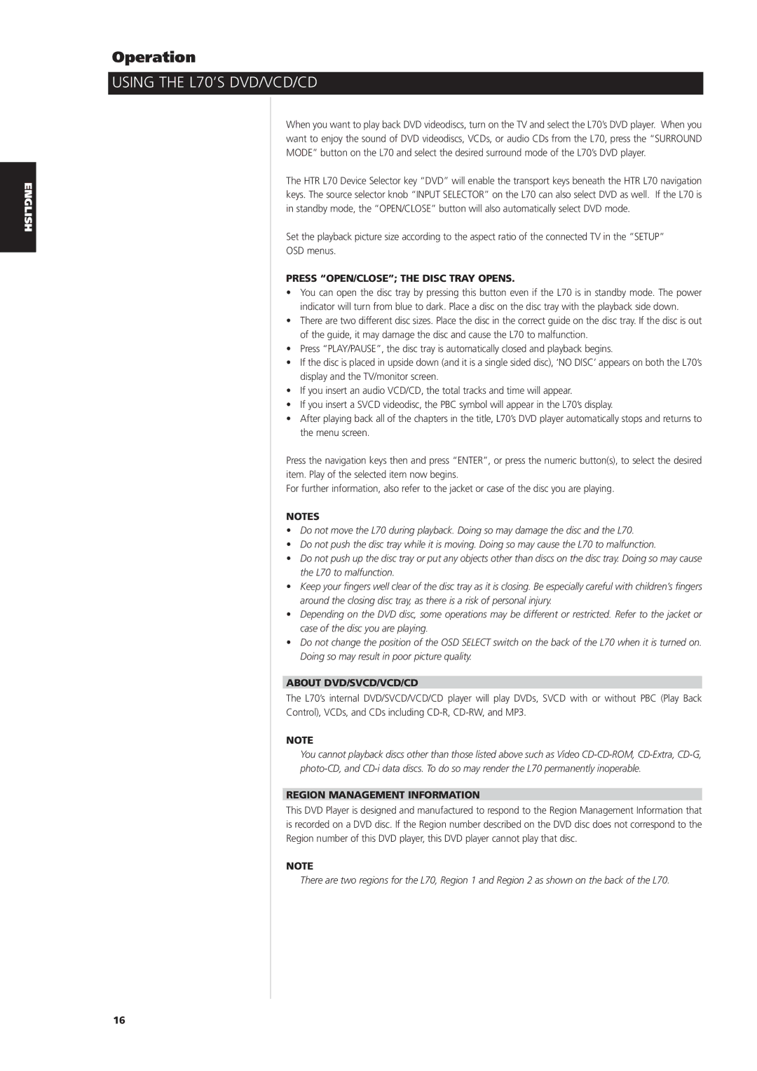 NAD owner manual Using the L70’S DVD/VCD/CD, Press OPEN/CLOSE the Disc Tray Opens, About DVD/SVCD/VCD/CD 