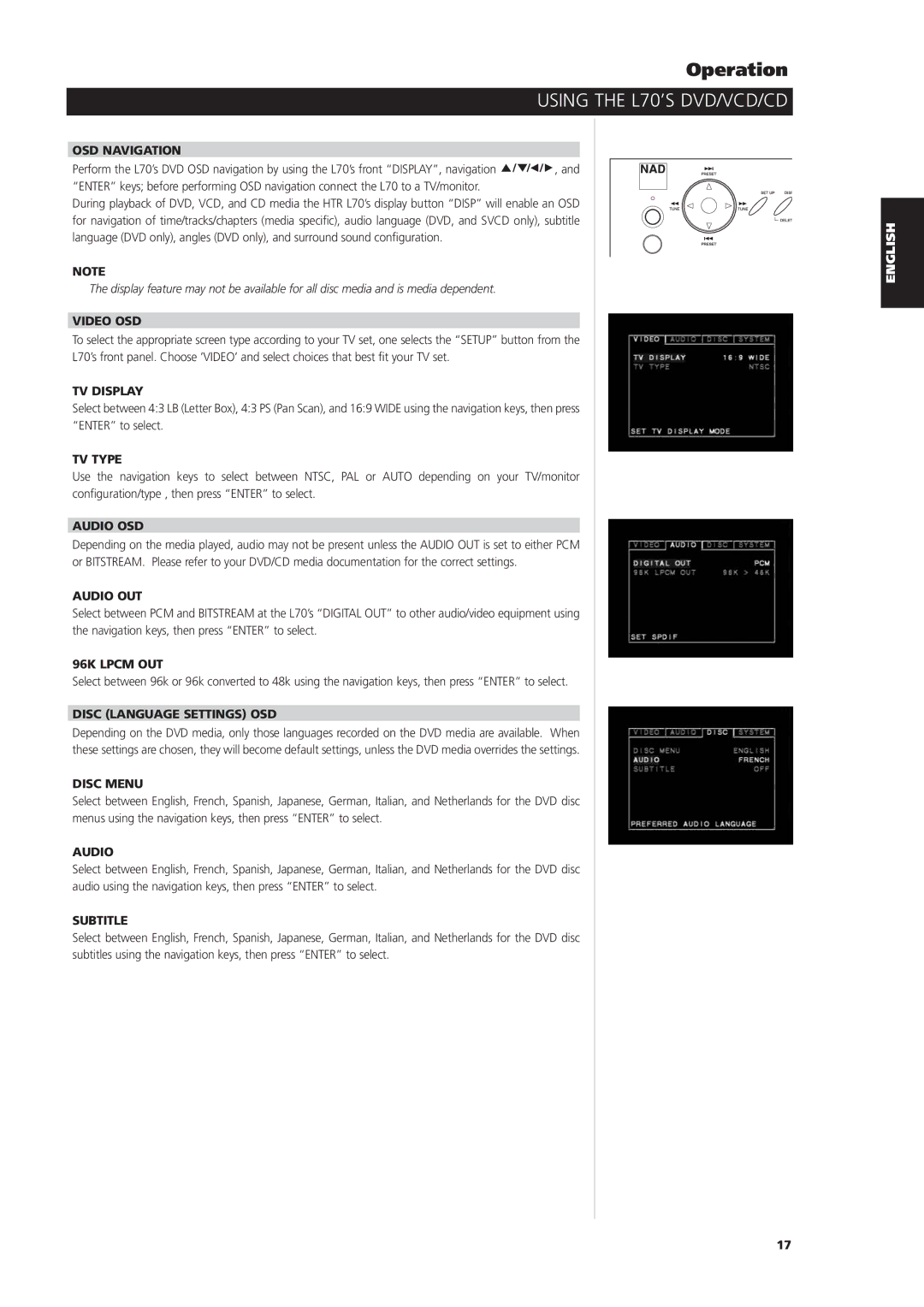 NAD L70 OSD Navigation, Video OSD, TV Display, TV Type, Audio OSD, Audio OUT, 96K Lpcm OUT, Disc Language Settings OSD 