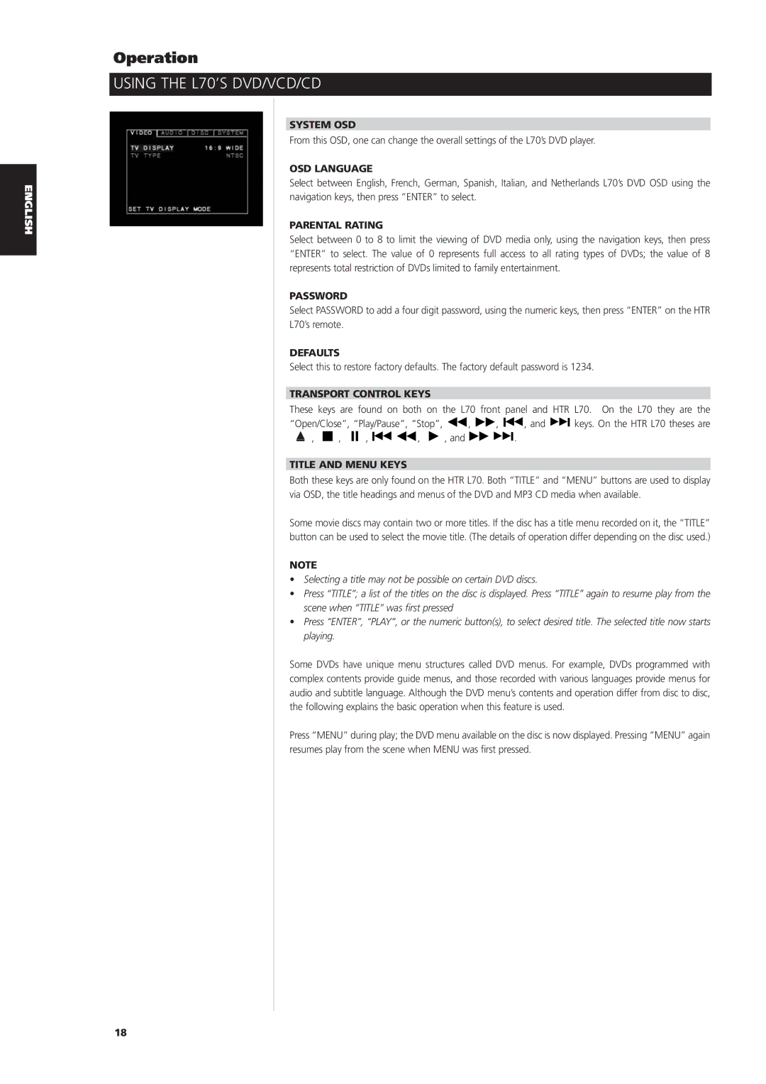 NAD L70 System OSD, OSD Language, Parental Rating, Password, Defaults, Transport Control Keys, Title and Menu Keys 