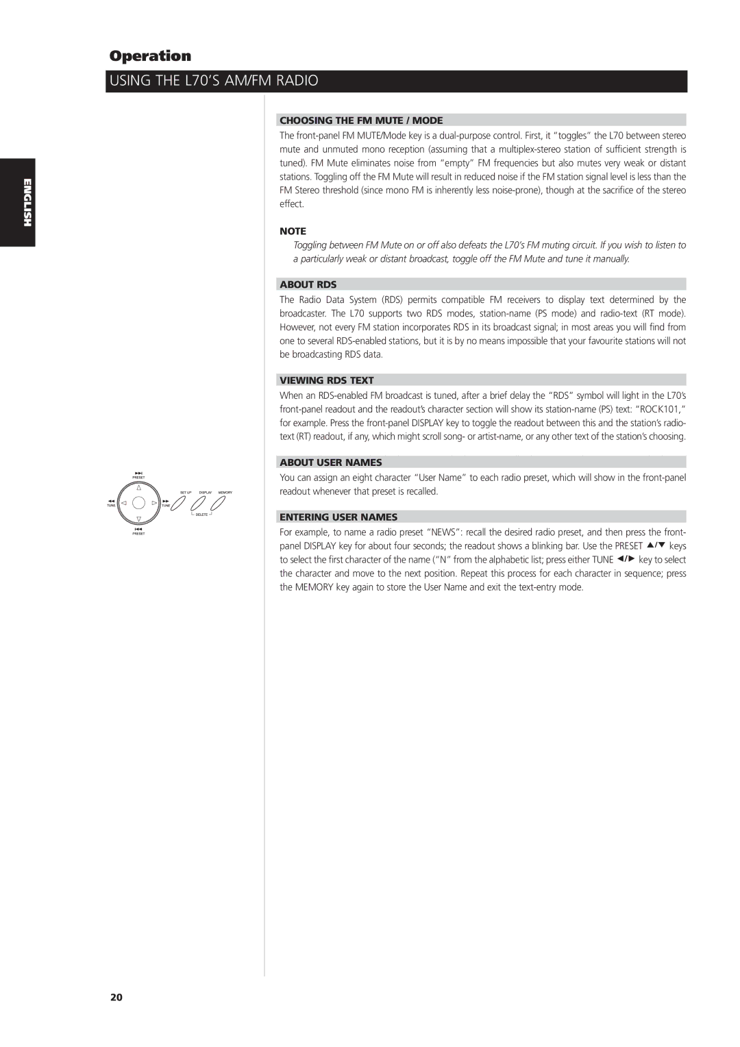 NAD L70 owner manual Choosing the FM Mute / Mode, About RDS, Viewing RDS Text, About User Names, Entering User Names 